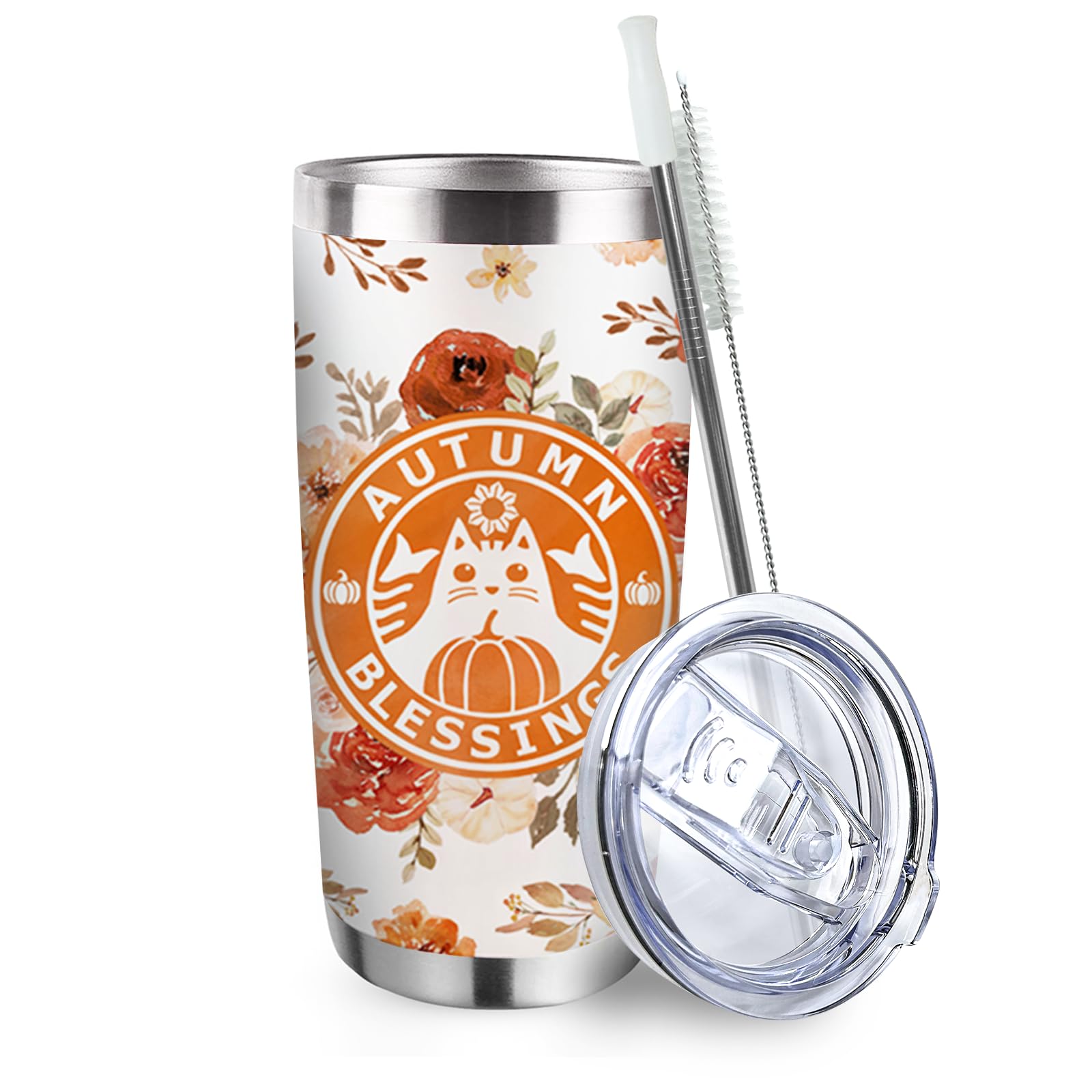 Zzkol Fall Pumpkin Flower Cat Tumbler with Lid and Straw, Autumn Blessings Rose Peony Floral Stainless Steel Travel Coffee Cup, Fall Gifts for Woman Girl, 20oz Double Wall Vacuum Insulated Mug