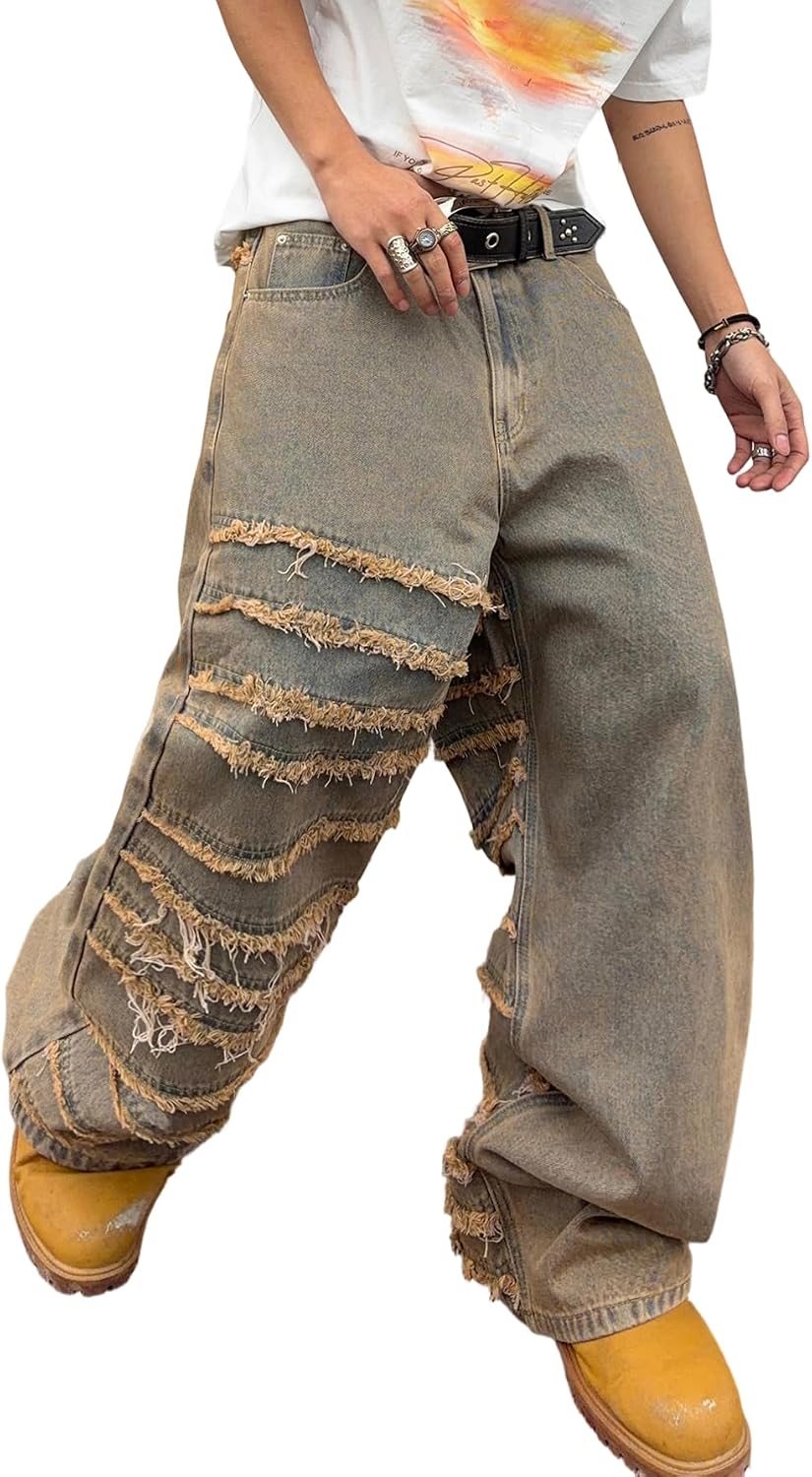 DFGIGT Mens Baggy Jeans Street Rock Style Fringe Frayed Edges