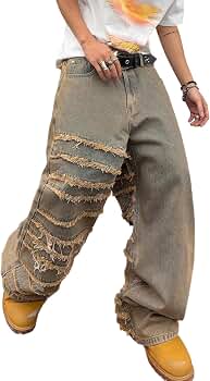 DFGIGT Mens Baggy Jeans Street Rock Style Fringe Frayed Edges