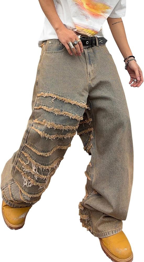 DFGIGT Mens Baggy Jeans Street Rock Style Fringe Frayed Edges