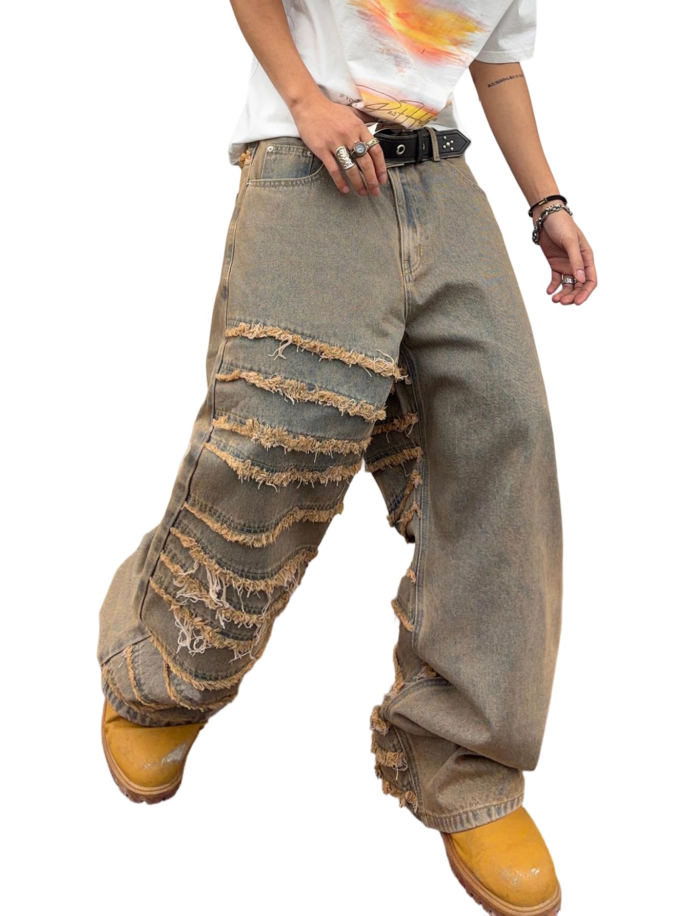 DFGIGT Mens Baggy Jeans Street Rock Style Fringe Frayed Edges