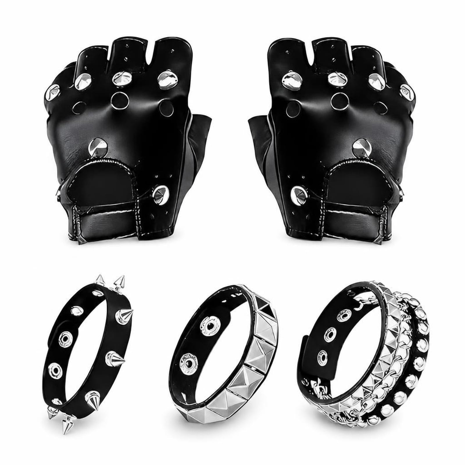 3Pcs Gothic AccessoriesSet, Punk Studded Bracelets,Fingerless Gloves