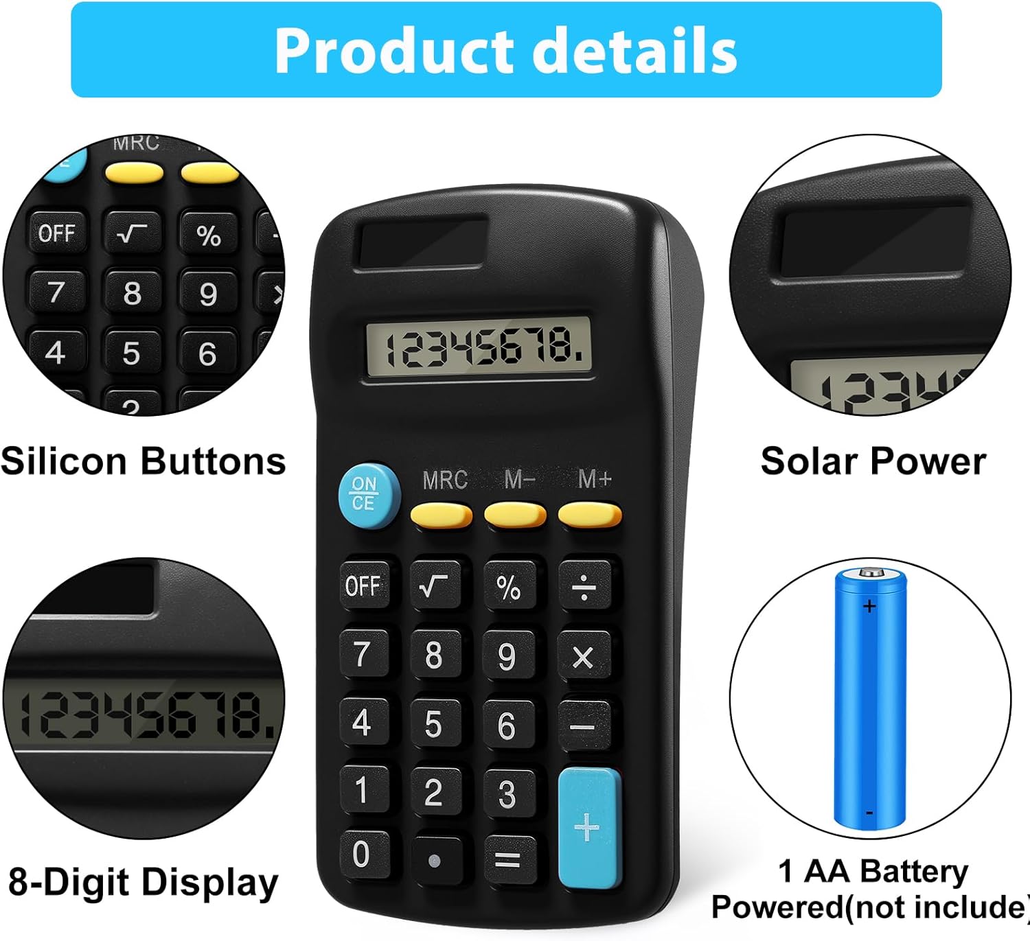 30 Pack Solar Powered Pocket Calculator for Students Classroom Supplies,Small Mini Calculator for Kids School Home Office(Black)