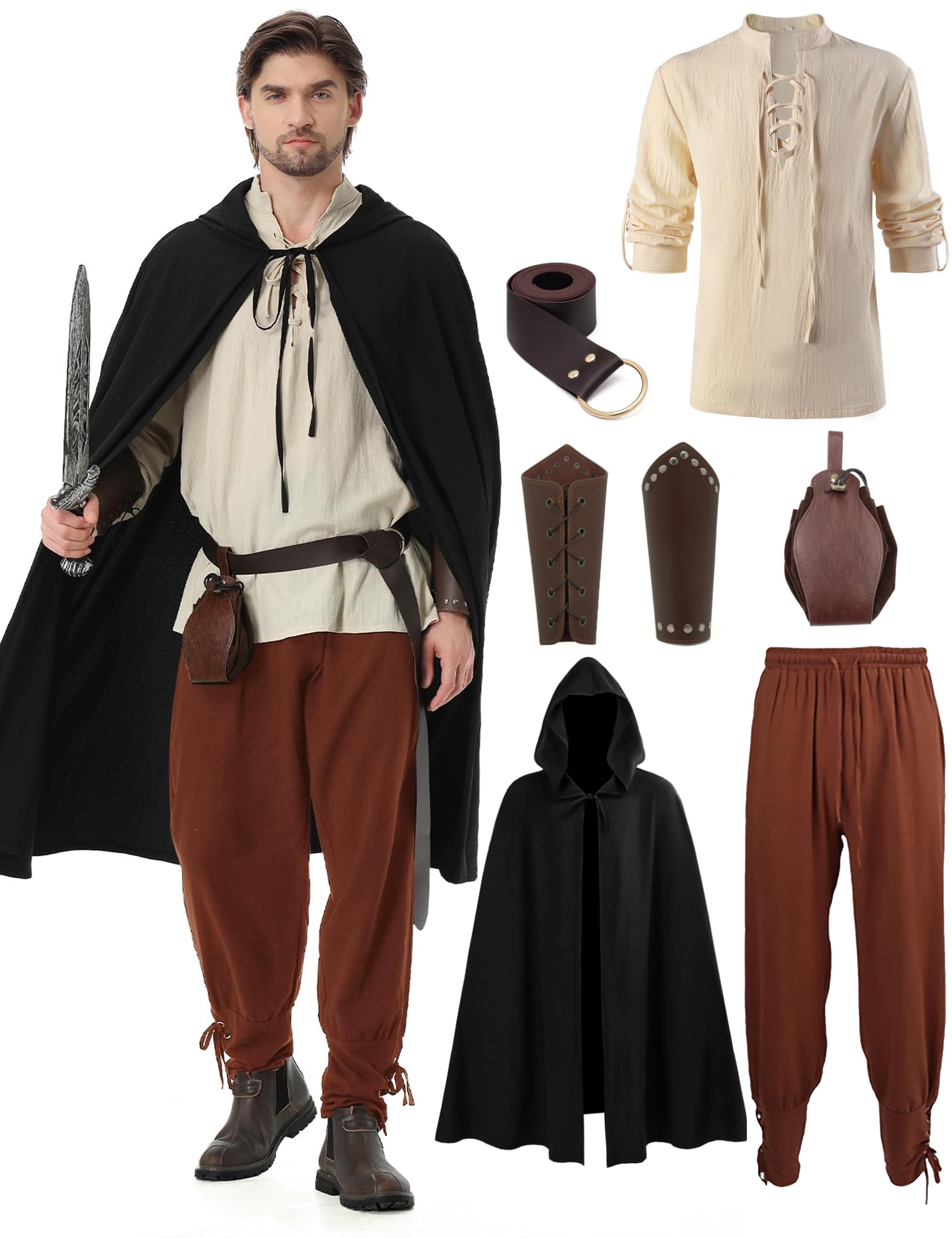 Disfraz Medieval Renacentista Hombre Conjunto de Ropa Medieval Traje Renacentista Disfraz de Vikingo con Camisa Pirata Pantalones Medieval Cinturón Muñequeras