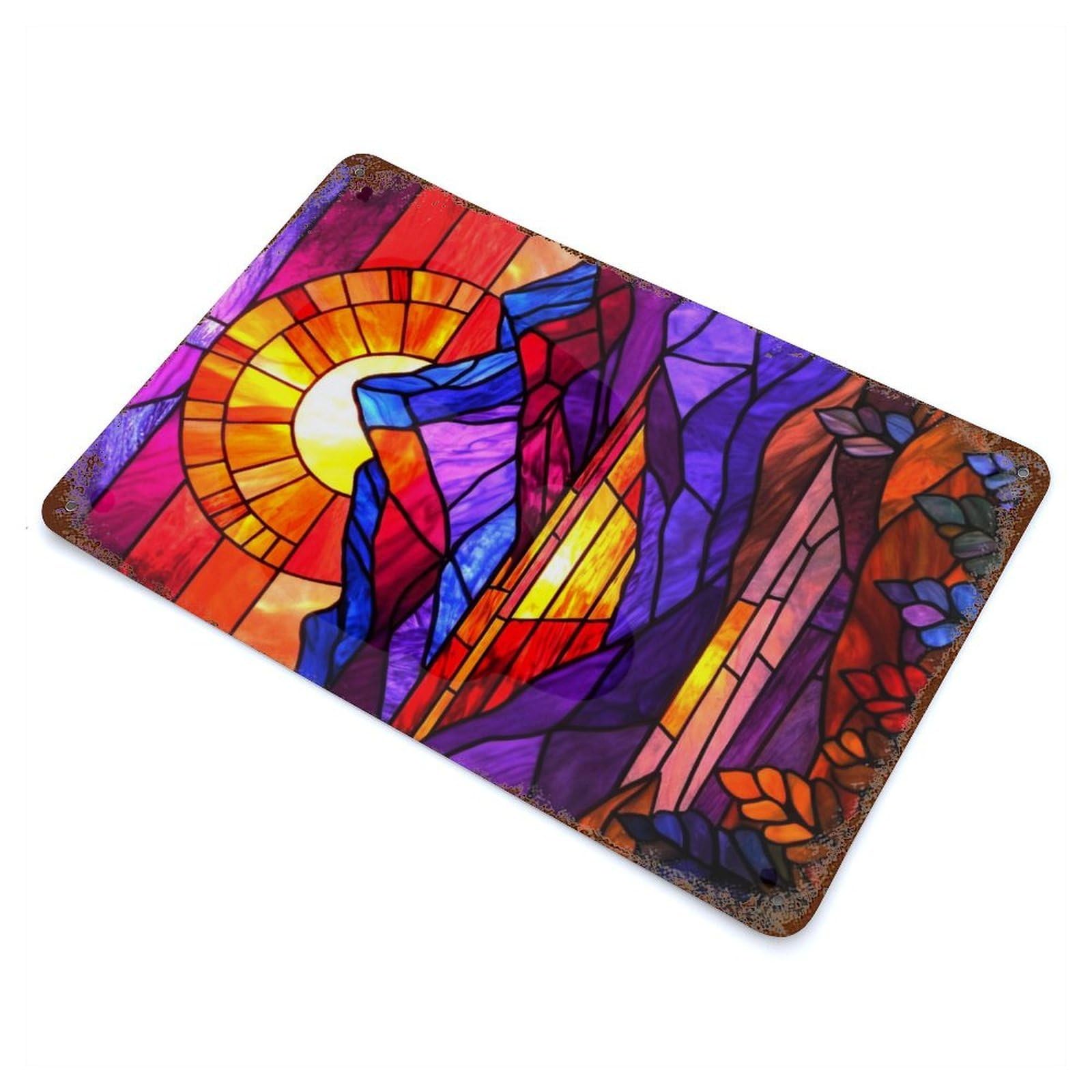 Rusty Metal Tin Sign Stained Glass Sunset Mountains 11.8"x7.9", Classic Wall Plaque for Cafe, Home Bar And Lounge Decor