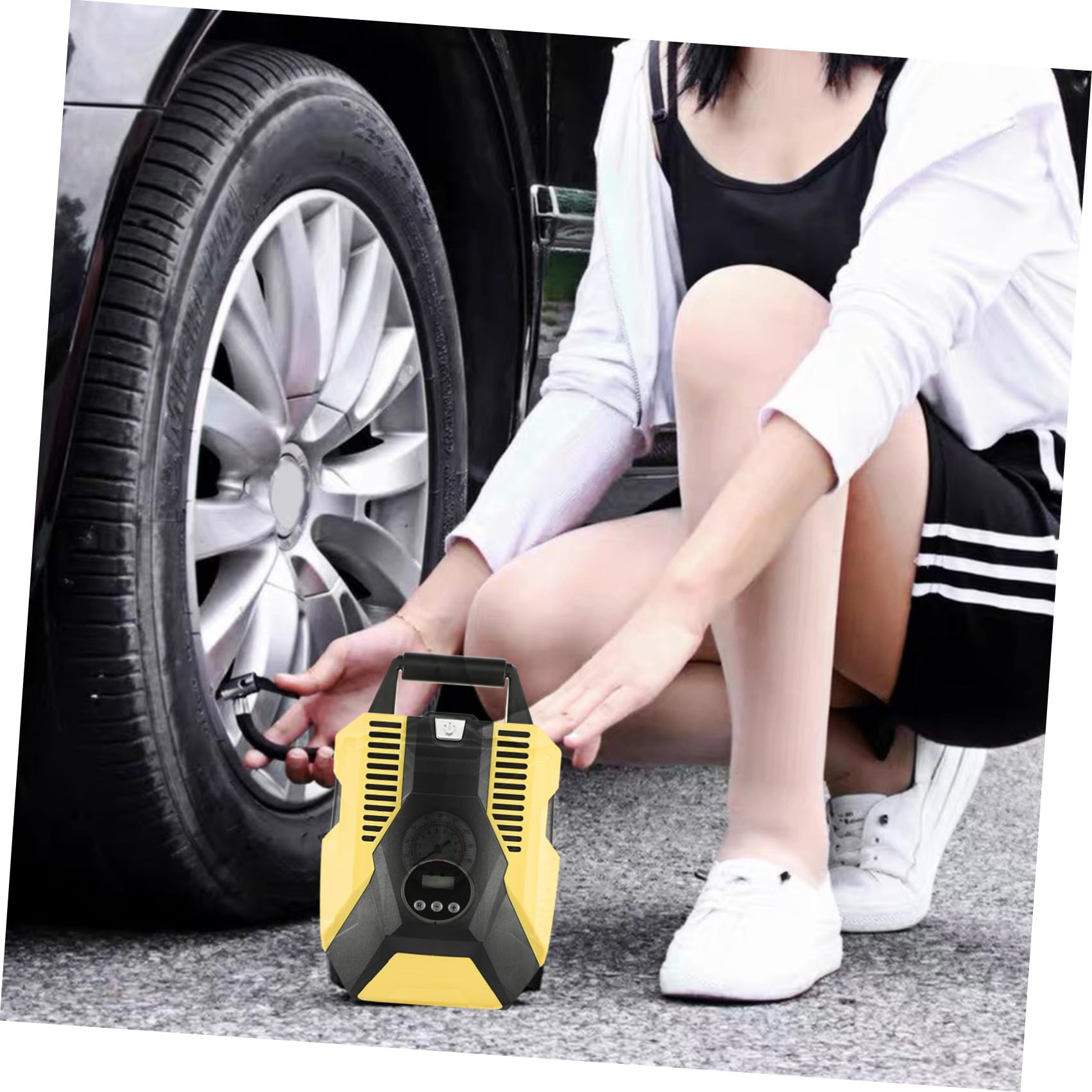 Cabilock Inflador Portátil Función de Parada Automática para Neumáticos de Coche Material Abs y Cobre, Color Amarillo y Presión Estable con Bomba de Aire Eléctrica
