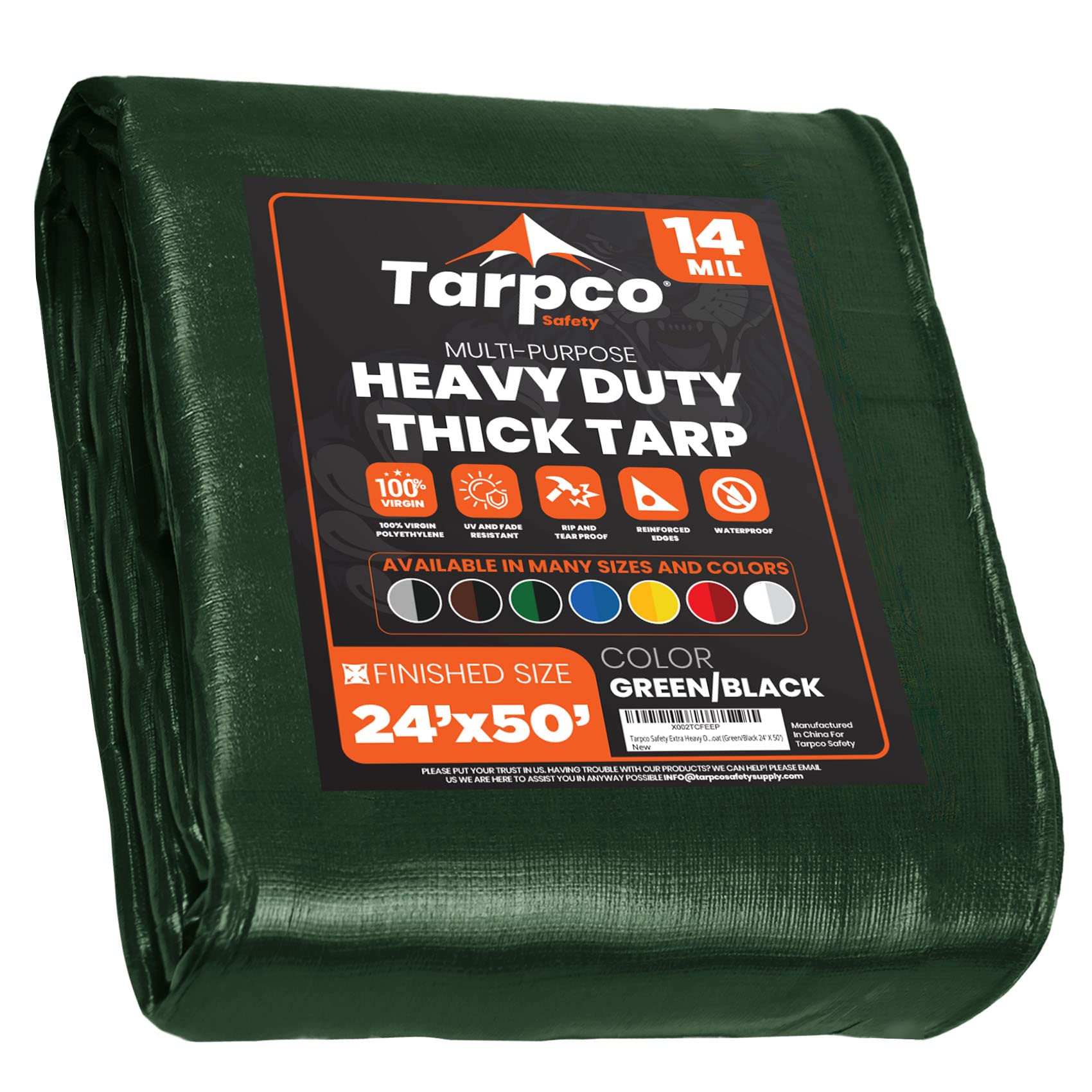 Extra Heavy Duty 14 Mil Tarp Cover, Waterproof, UV Resistant, Rip and Tear Proof, Poly Tarpaulin with Reinforced Edges for Roof, Camping, Patio, Pool, Boat (Green/Black 24′ X 50′)