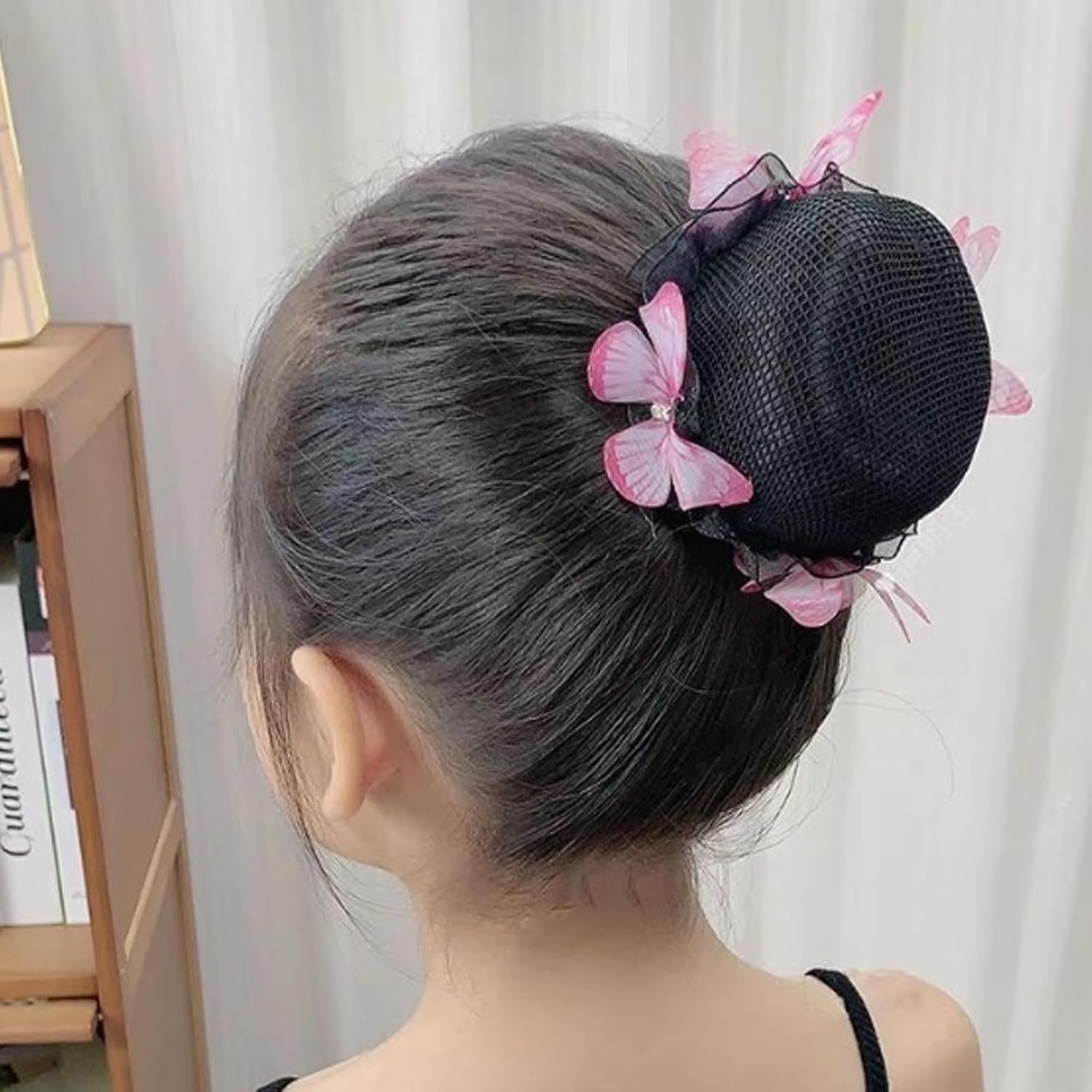 4pcs Hair Bun Cover Butterflies Flowers Deco Medium Sized Hairball Net with Drawstring Hair Snood for Young Girls Kids Dancers (2pcs Butterfly+2pcs Flower)