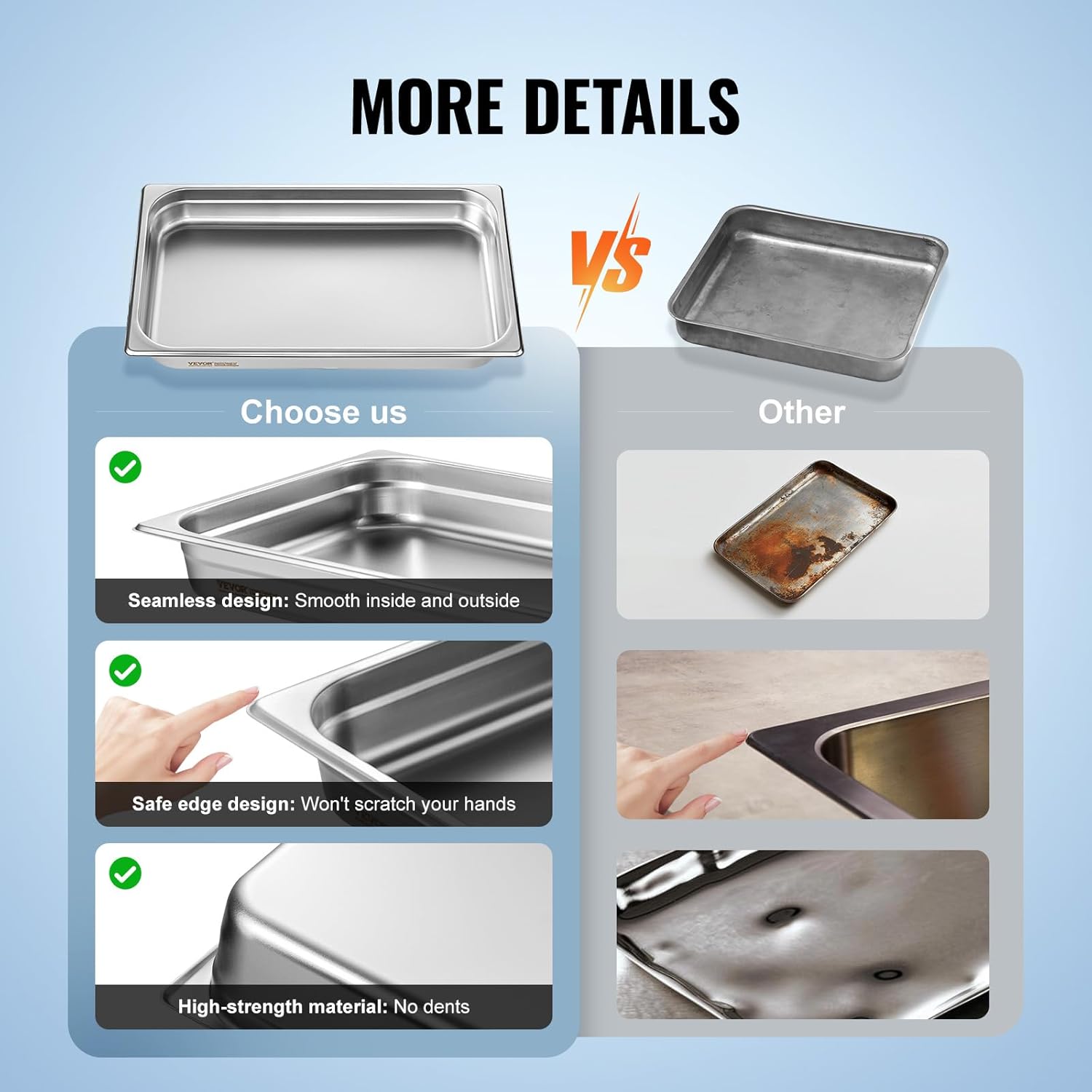 VEVOR 6 Pack Stainless Steel Hotel Pans,2.5-Inch Deep 0.8mm Thick Commercial Food Pans, Anti-Jam Catering Trays for Steam Tables, for Home, Party, Restaurant, Hotel, Buffet - Image 7