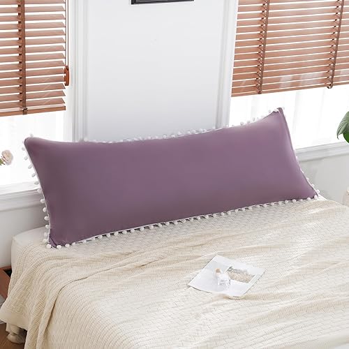 Bedbay Funda de almohada corporal con pompones, funda de almohada larga morada, bonitas fundas de almohada largas con flecos, de microfibra ultra