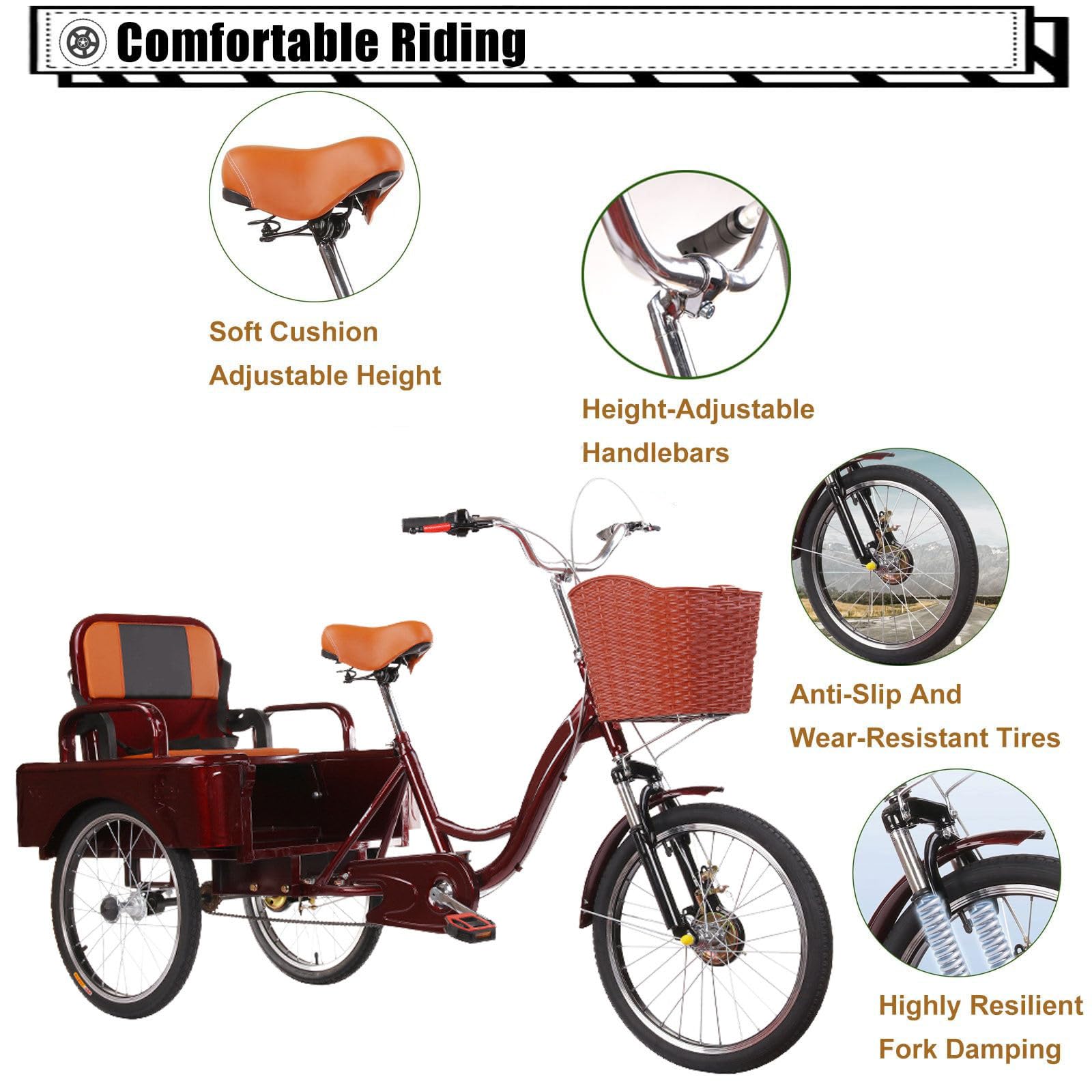 Triciclo elettrico per anziani e adulti, 3 ruote, telaio ribassato, 50 cm, per uomo e donna, con cestino anteriore e portapacchi.