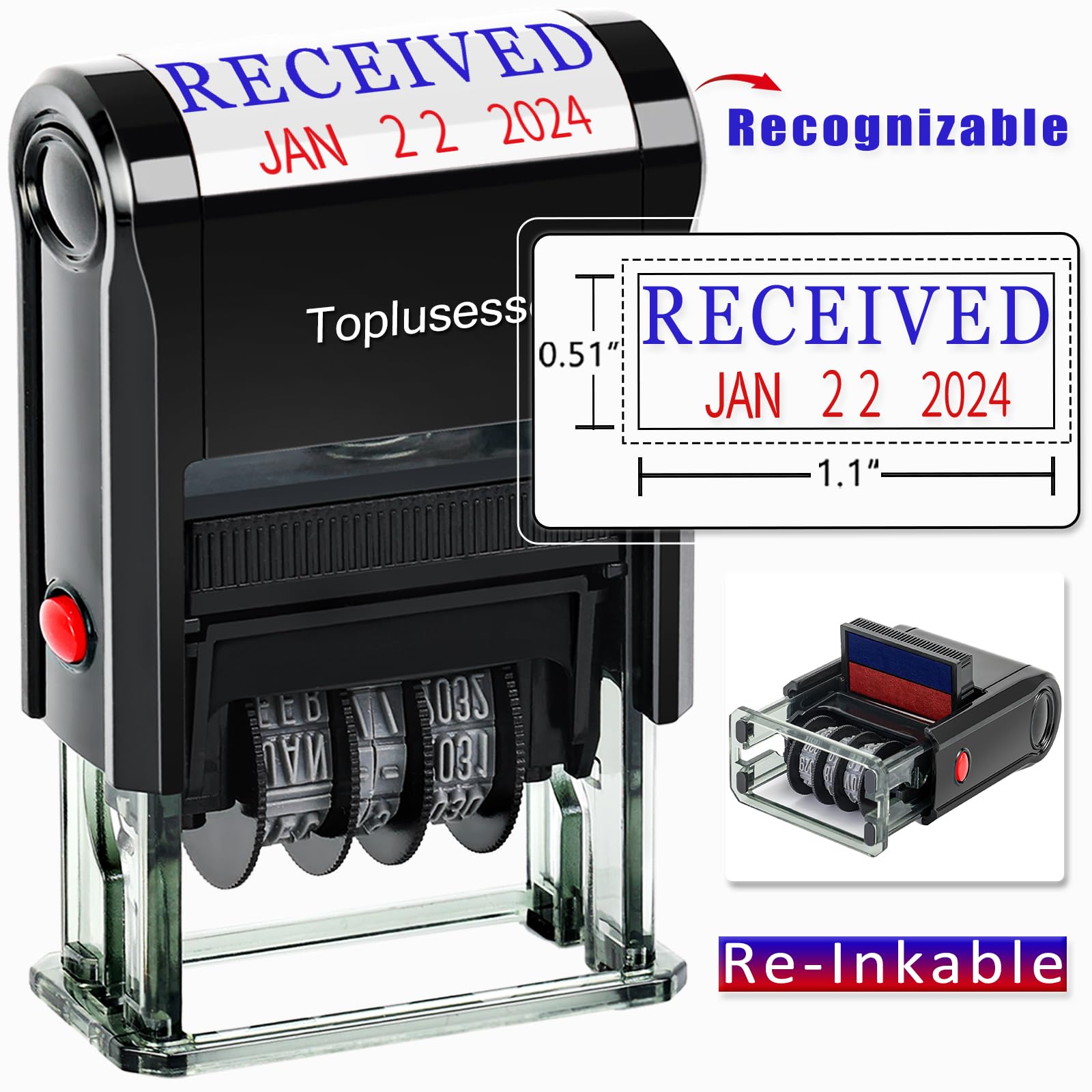 Toplusesse Received Stamp with Date Self-Inking Office Rubber Received Date Stamp for Business 12-Year Band Blue Ink & Red Ink 2024