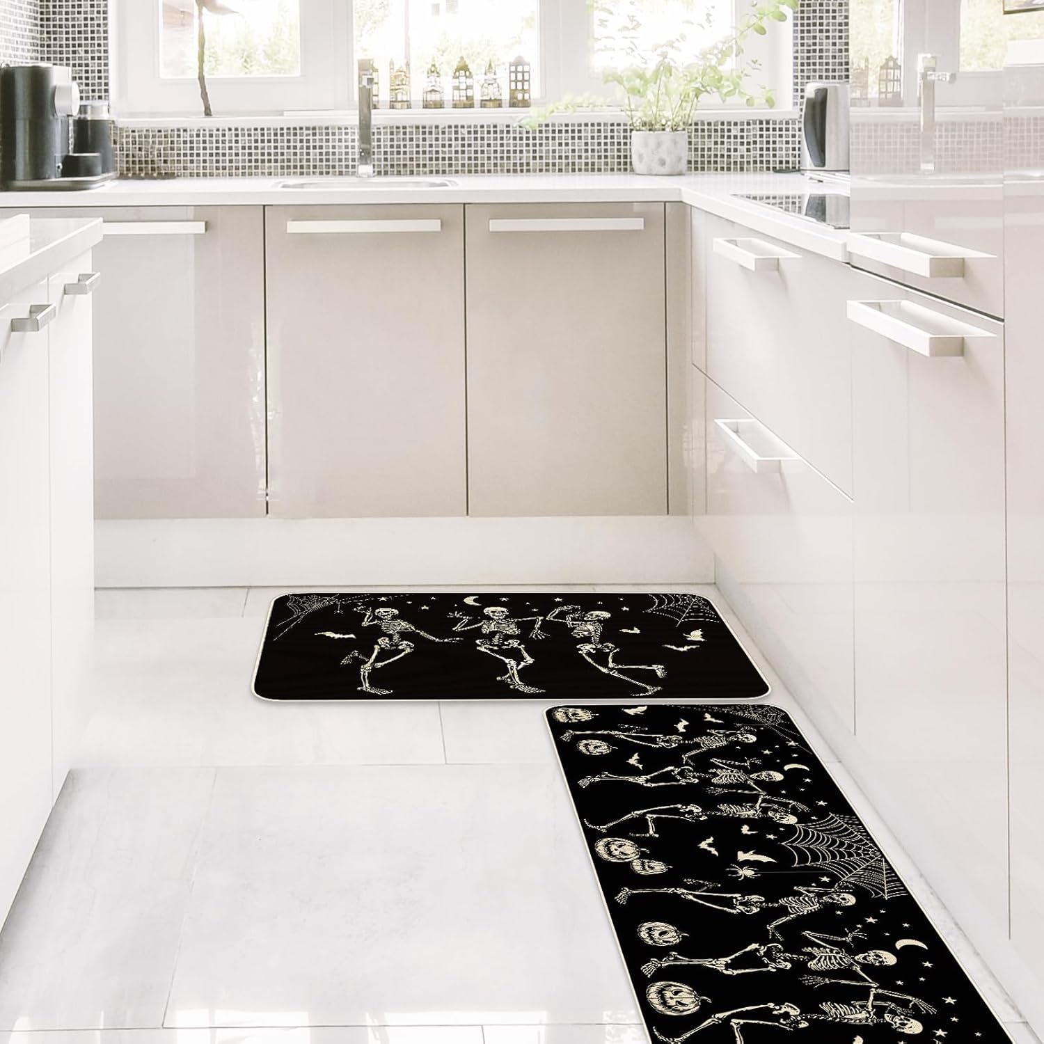 JarThenaAMCS Halloween Skeleton Kitchen Mats Spider Pumpkin Bat Welcome Floor Mat Non-Slip Black Door Rugs for Indoor Outdoor Bathroom, 17 x 29 Inch & 17 x 47 Inch