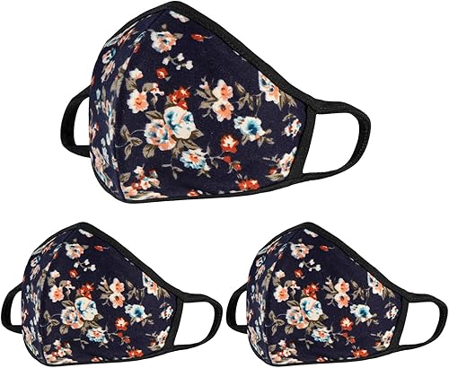 Máscara facial floral  Exterior azul marino interior de algodón blanco  Tela reutilizable cómoda material transpirable  para protección de media