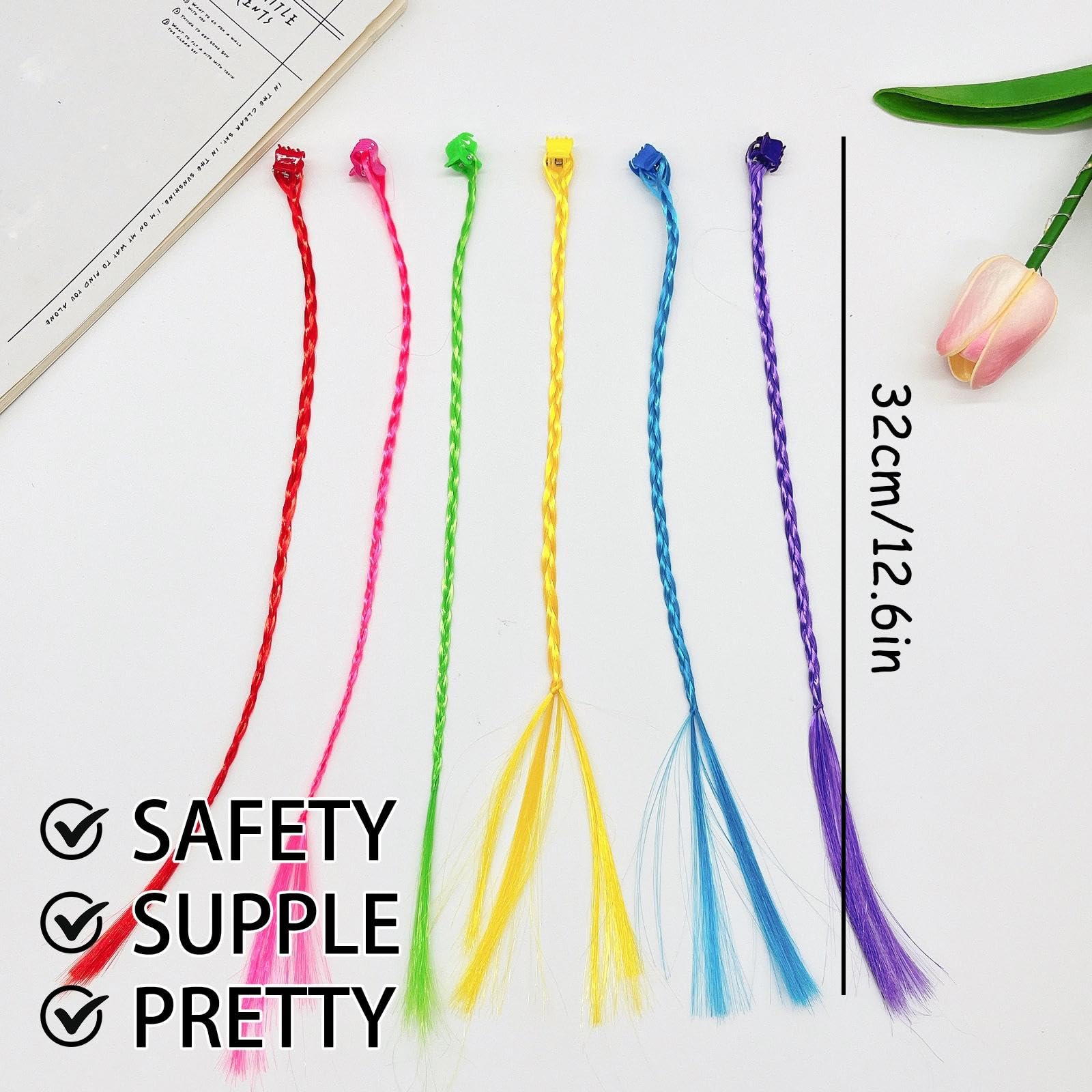 48PCS Colourful Clip-in Hair Extensions for Girls, Rainbow Hair Braiding Kit with Styling Clips & Accessories - Image 4