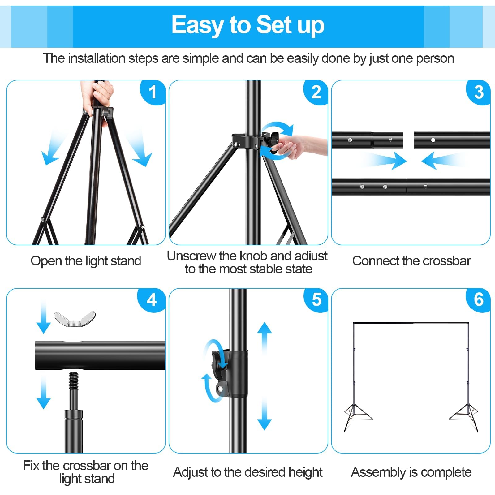 EMART Supporto per sfondo resistente, 3,4 x 2,4 m, supporto regolabile per foto | Fondale con 6 morsetti, supporto posteriore per feste, studio fotografico, matrimonio, compleanno, mostre, fotografia