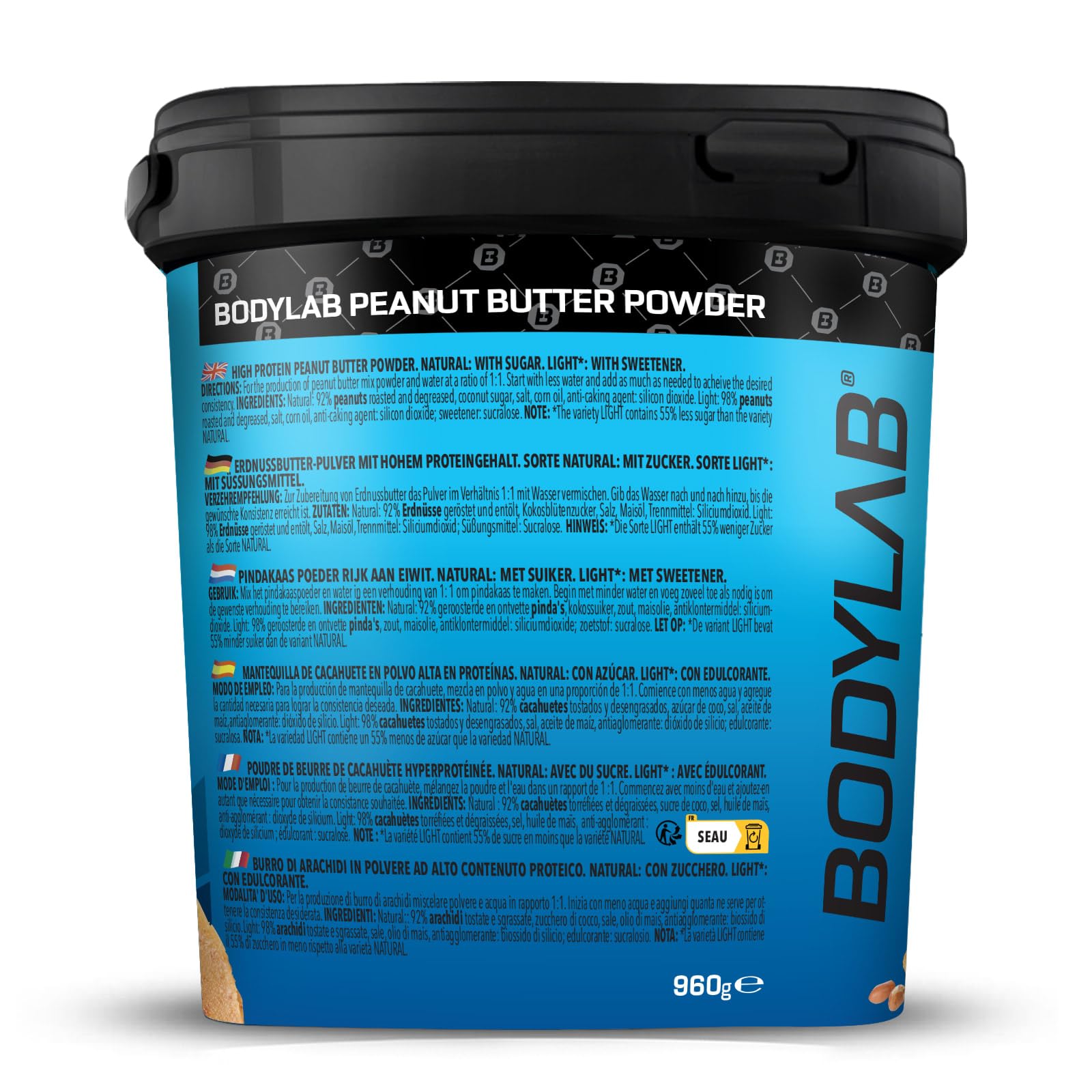 Bodylab24 High Protein Peanut Butter Powder Light 960g, proteinhaltiges Pulver aus gemahlenen Erdnüssen, mit allen Nährstoff-Vorteilen von Erdnüssen bei deutlich geringerem Fettanteil