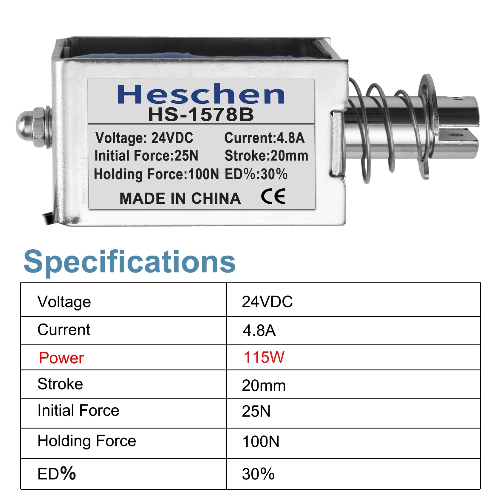 Heschen Electroimán de solenoide, HS-1578B, DC24V 3.2A, carrera de 25mm, fuerza 50N, tipo Push Pull Tipo, marco abierto, movimiento lineal