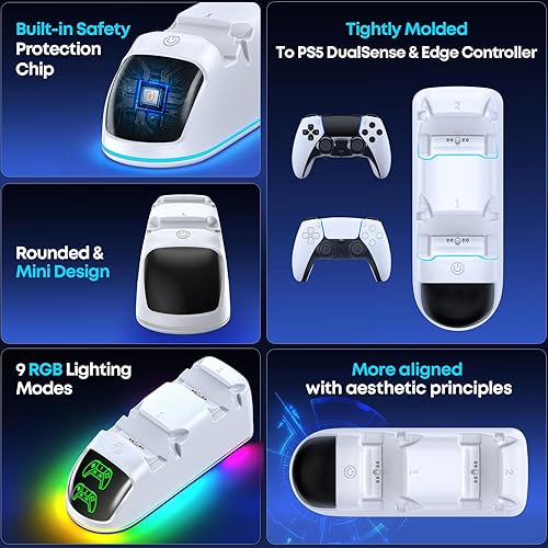 Vista 3 de OIVO PS5 Controller Charger Station Compatible with PlayStation 5 Dualsense & Edge Controllers, RGB PS5 Controller Charging Dock Holder Stand with