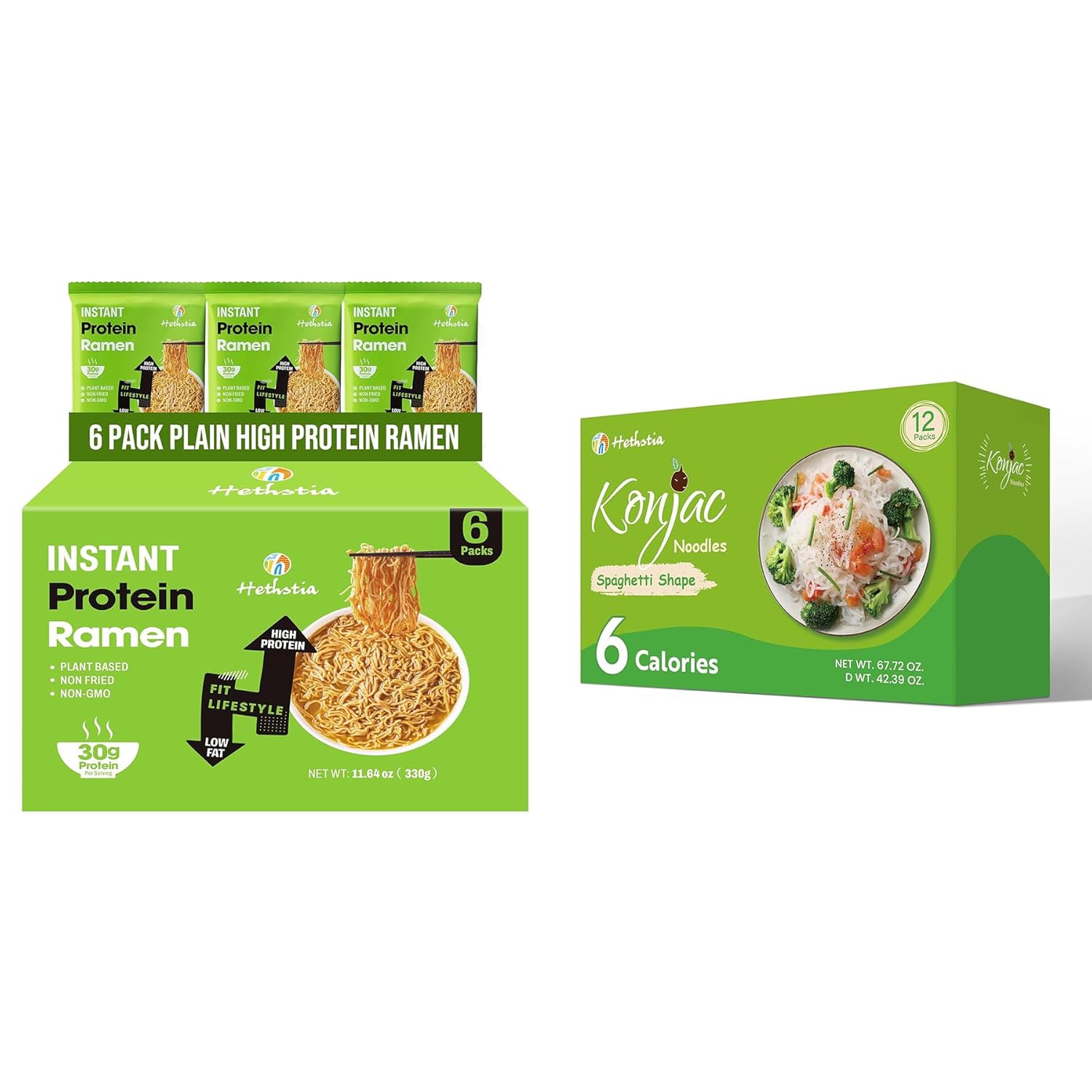 Hethstia High Protein Ramen & Konjac Shirataki Spaghetti Bundle – 30g Plant Protein Vegan Instant Ramen (6 Pack) + Low Carb Konjac Pasta (12 Pack), Non-Fried, Gluten-Free, Keto Friendly Healthy Meal S