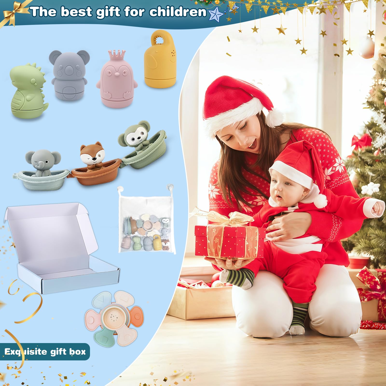 Jouet Bain Bébé, Lot de 16 Jouets de Bain Aspergeurs en Silicone, Jeux de Bain Bebe Animaux, Jouets pour Plage ou Plein Air, Jouets Empilables Enfant Jeux Educatif 1 2 3 Ans, Idéal Cadeaux pour Bébé
