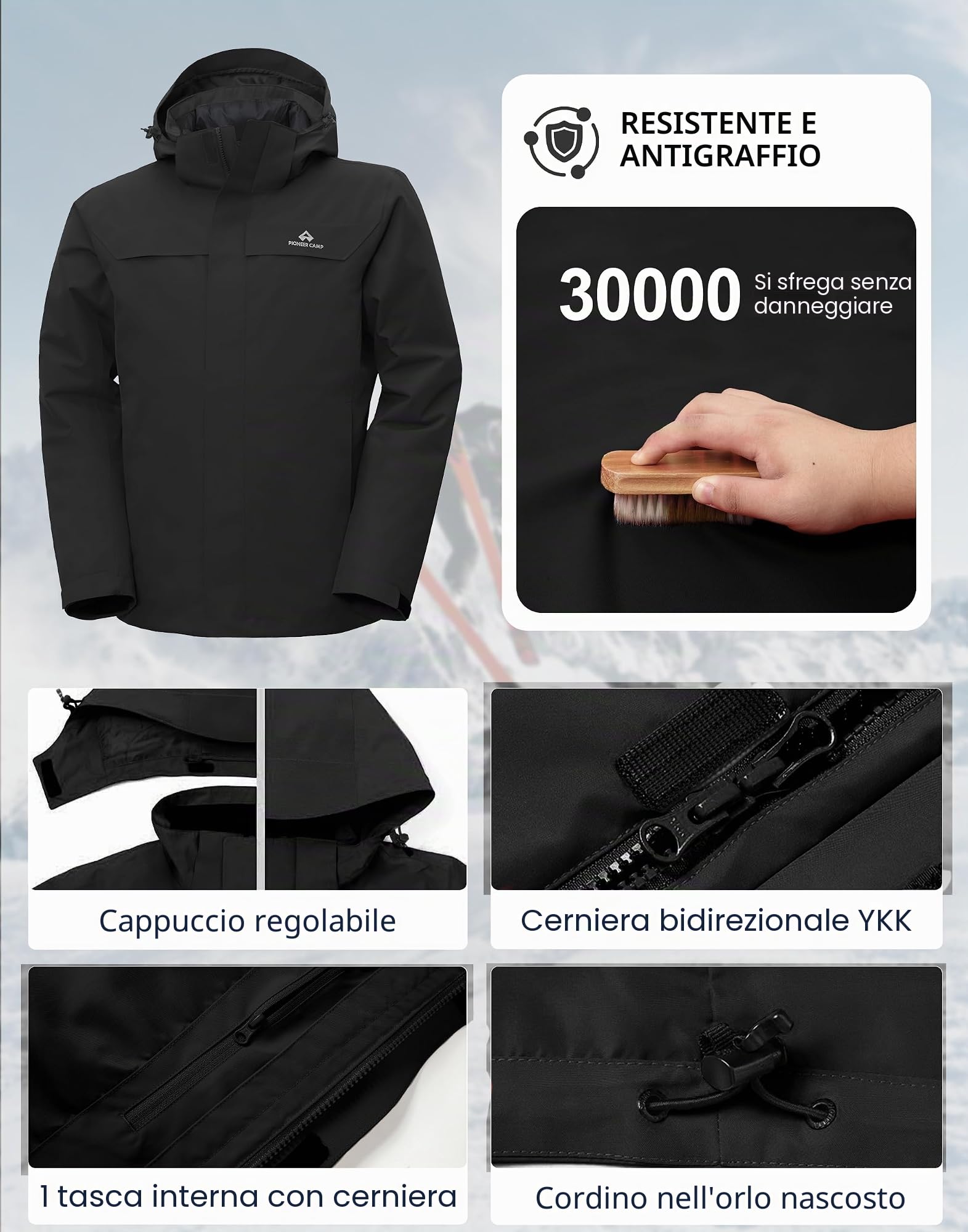 Pioneer Camp Giacca da sci 3 in 1 da uomo, con fodera in piuma, impermeabile e antivento, calda giacca da snowboard con cappuccio regolabile