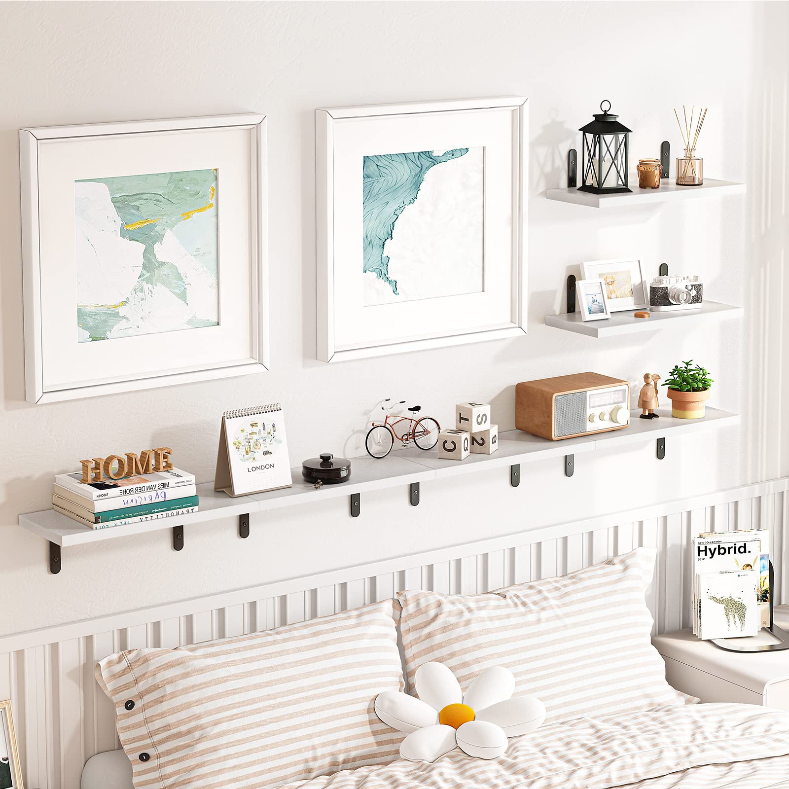 Fixwal Floating Shelves, Rustic Wood Wall Shelves Set of 6, Shelves for Wall Decor, Farmhouse Style for Bedroom, Living Room, Kitchen, Bathroom, Office and Plants (White)