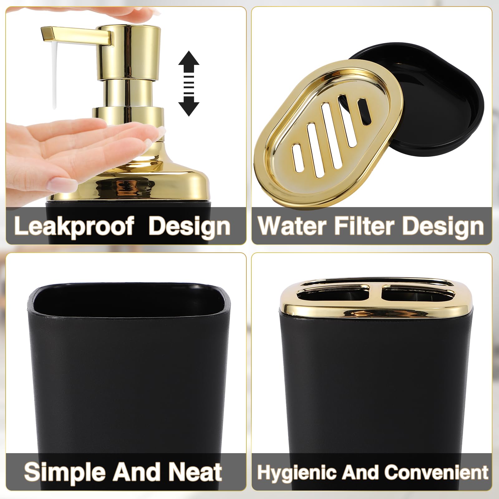 XLHOMO Black Bathroom Accessories 8 Piece Black and Gold Bathroom Set, Bathroom Accessories with Stainless Steel Bathroom Trash Can,Toilet Brush,Toothbrush Set,Soap Dispenser