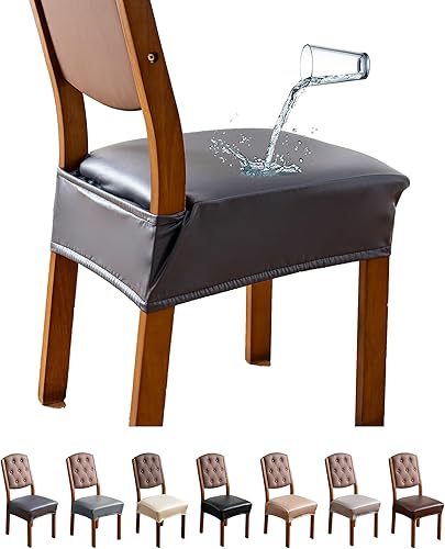 Miniatura 10 de Genina - Fundas impermeables de cuero PU para sillas de comedor, juego de fundas para asientos de silla de 6 piezas, fundas elásticas para sillas