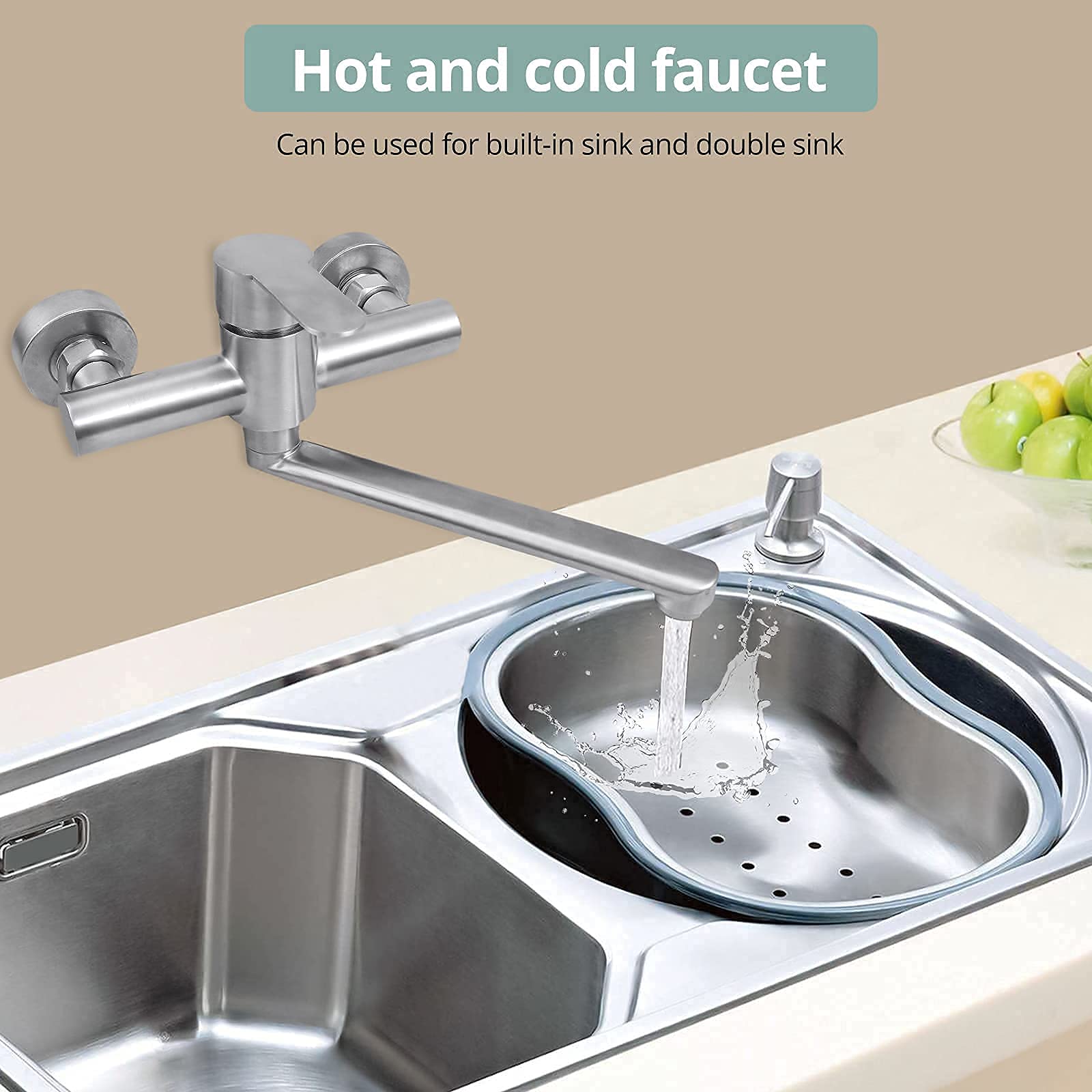 HomeLava Keukenkraan, wandmontage, 360 graden draaibaar, eengreepsmengkraan van roestvrij staal 304, keukenkraan, verstelbaar, warm en koud water, met draaibare uitloop 23 cm