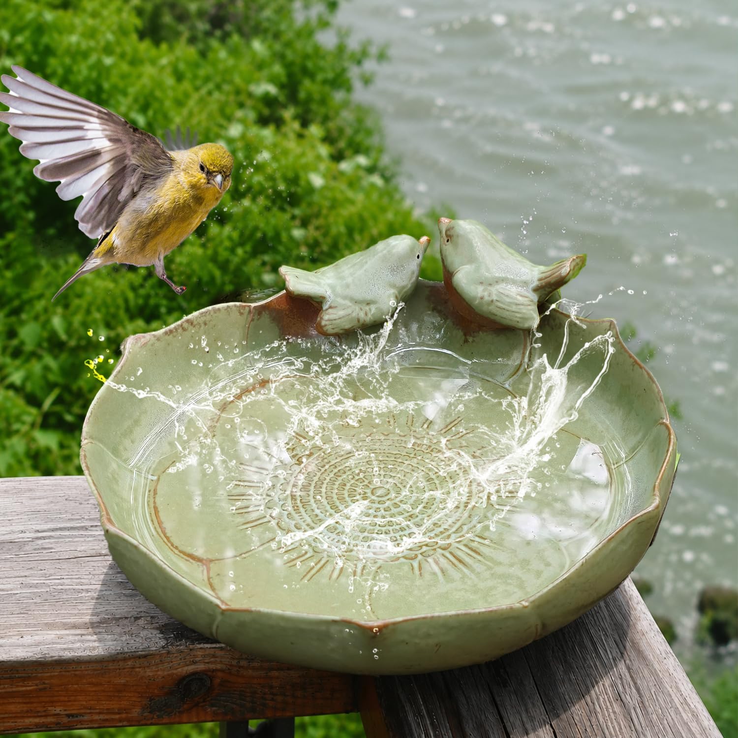Baño de cerámica para pájaros para exteriores en el suelo, cuenco de baño para pájaros de 9.45 pulgadas, comederos de pájaros y baño para pájaros para exteriores, jardín, mesa, cubierta