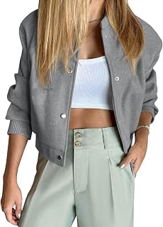 Tankaneo Women's Cropped Bomber Jacket: Wool Blend Varsity Pea Coat, Long Sleeve Button Down Casual Winter Outerwear