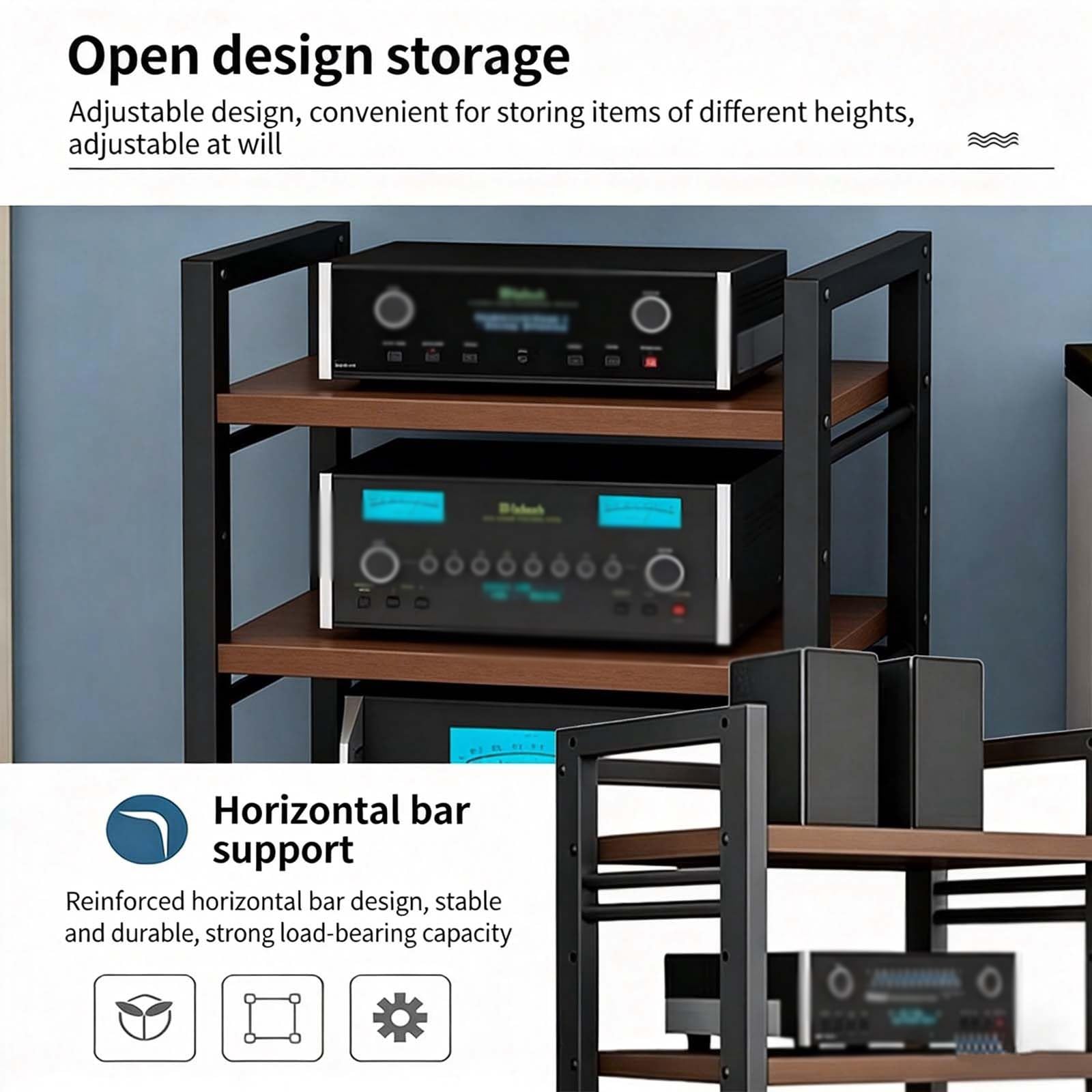 Mobiler 5-stöckiger HiFi Regal,Schallplattenspieler Regal Mit Rollen, Schwerlast Stahl AV-Rack,phonoschrank Für Verstärker, Receiver, Lautsprecher,Plattenspieler(Teak)