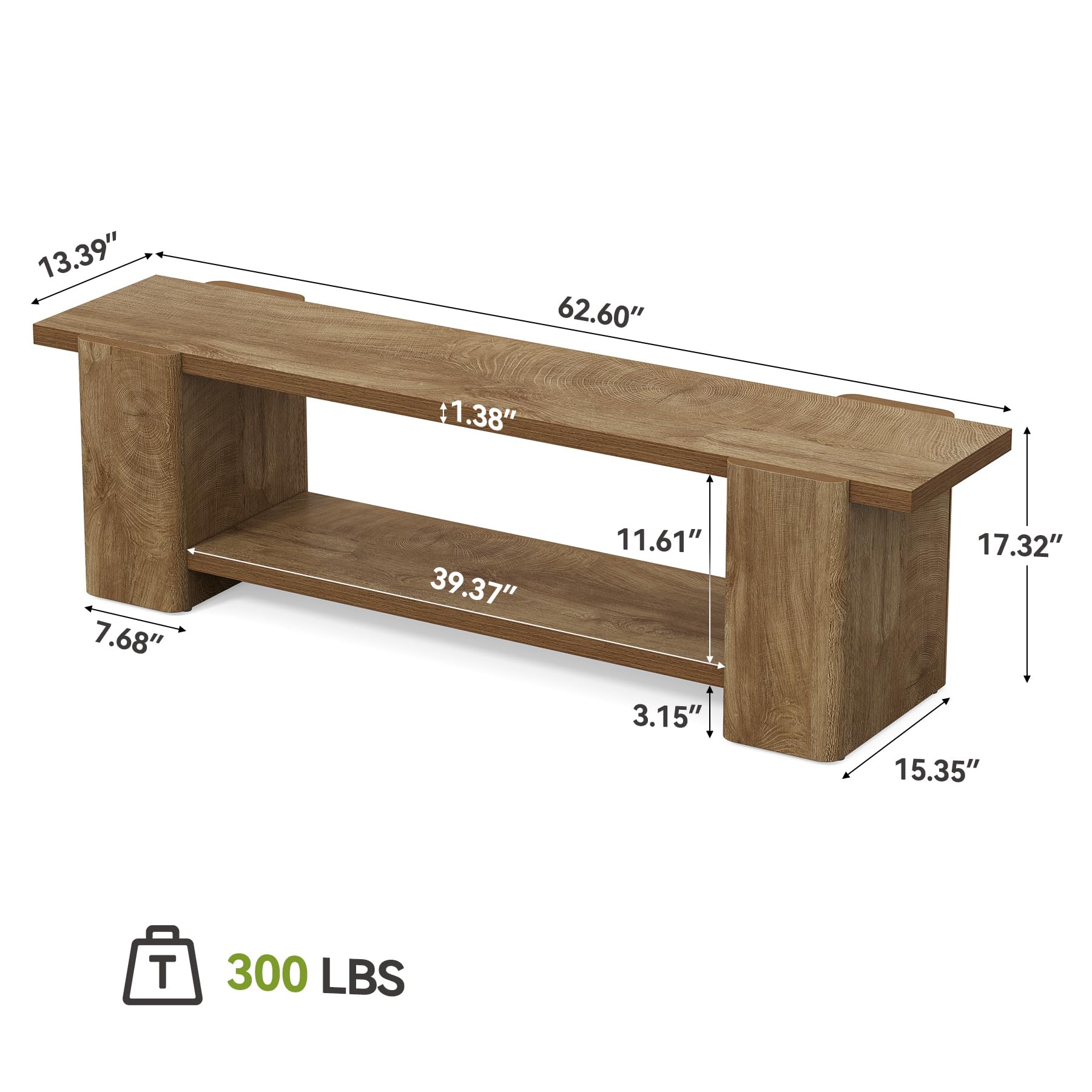 LITTLE TREE Wood Entryway Bench, 63" End of Bed Bench with Storage Shelf, Farmhouse Extra Long Shoe Bench for Entryway, Dining Room, Hallway, Living Room, Bedroom, Double-Reinforced Legs, Natural Oak