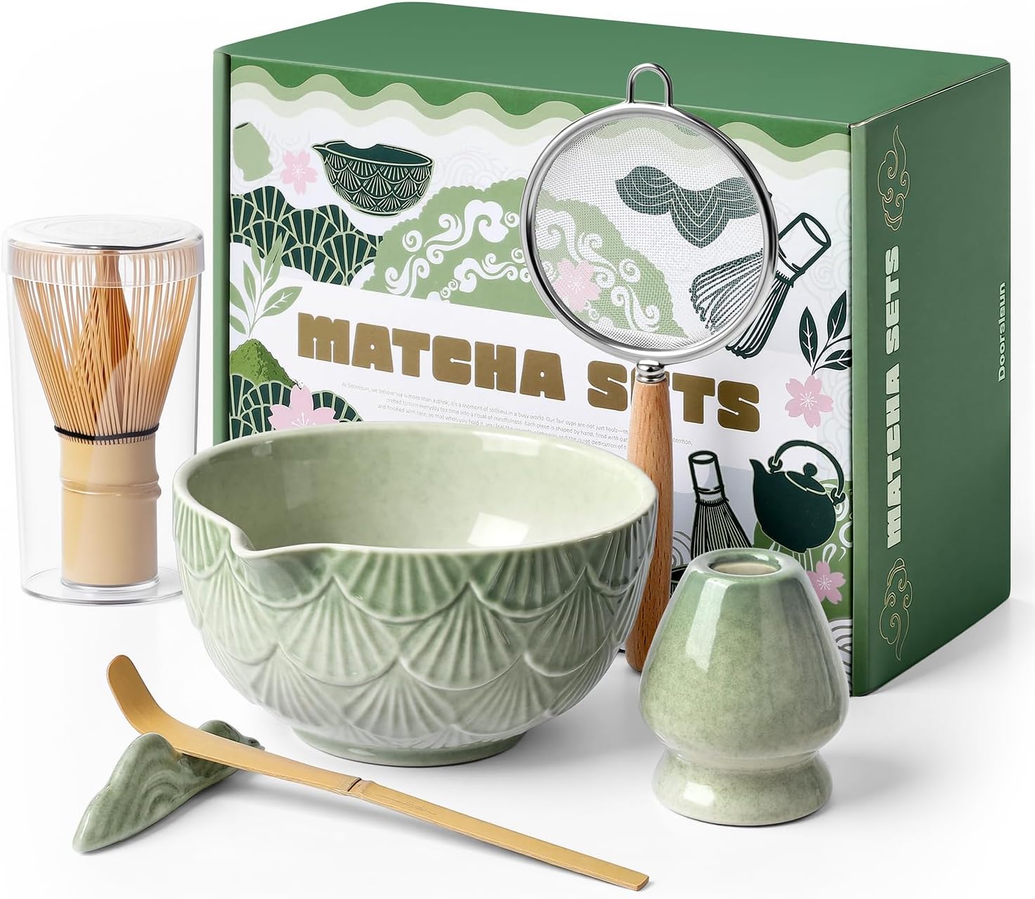 Doorsisun Matcha Whisk Set,Ceramic Matcha Kit Set Includes Matcha Bowl, Bamboo Whisk and Holder, Bamboo Scoop, Scoop Rest and Sifter - 6 Pcs for Tea Ceremony,Gifts for Family/Friend(Mottled Green)