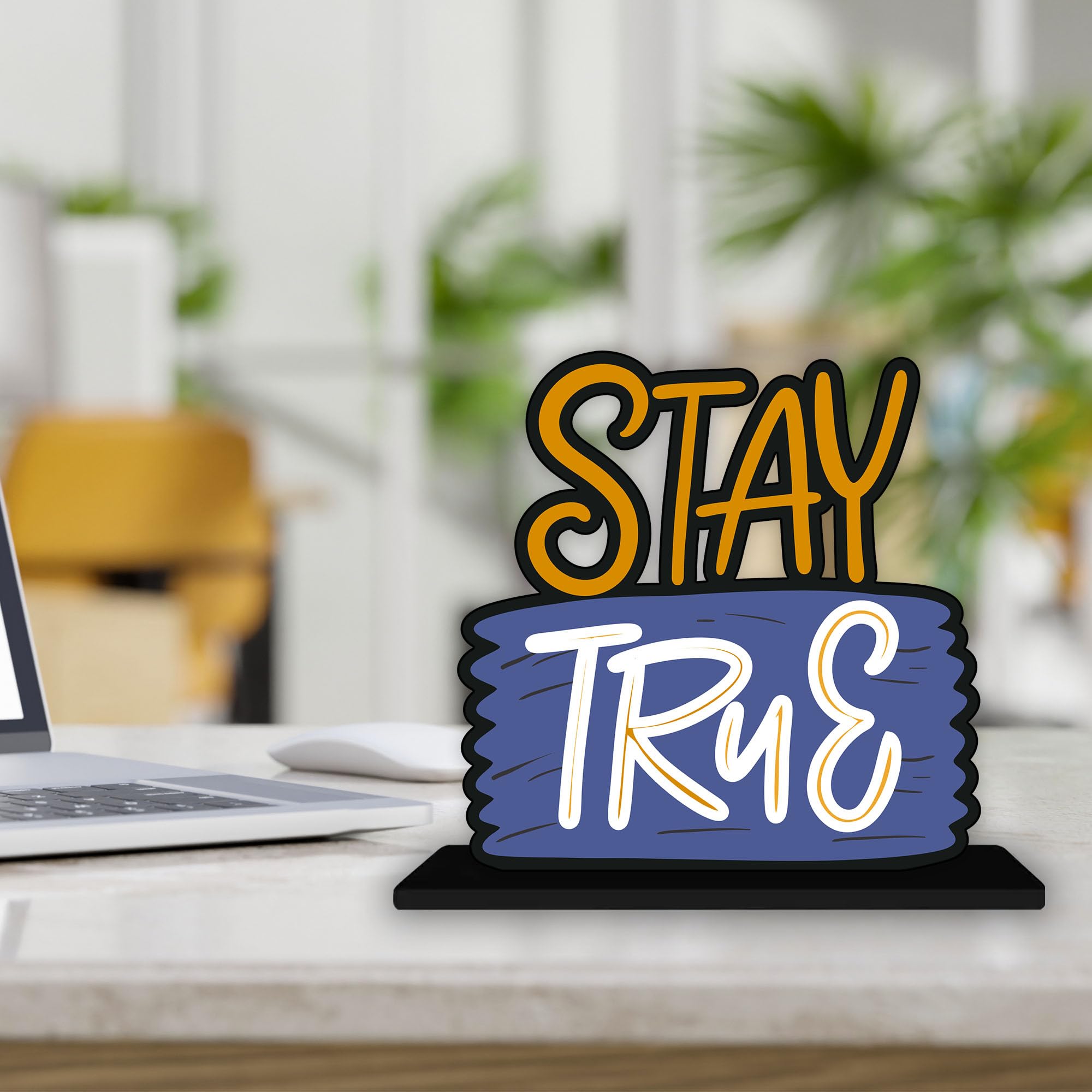 Artvibes Wooden Alphabet Idols and Figurine Stay True Quotes Table Decoration for Office Desk | Home Decor Item | Living Room | Modern Art Wood Showpiece Gift Items (Sp_1154)
