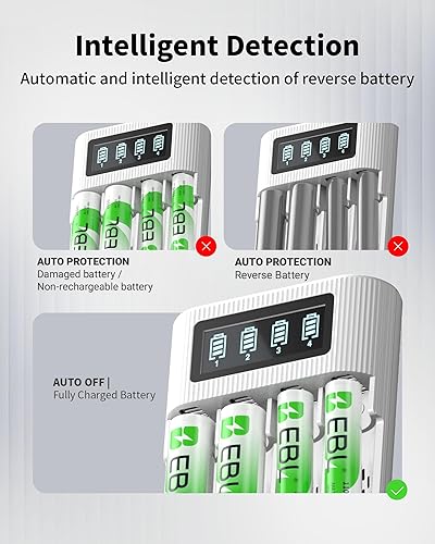 Miniatura 2 de EBL Paquete de 8 pilas AA AAA con cargador de batería inteligente LCD de 4 bahías, incluye 4 baterías recargables dobles A de 2800 mAh y 4 baterías