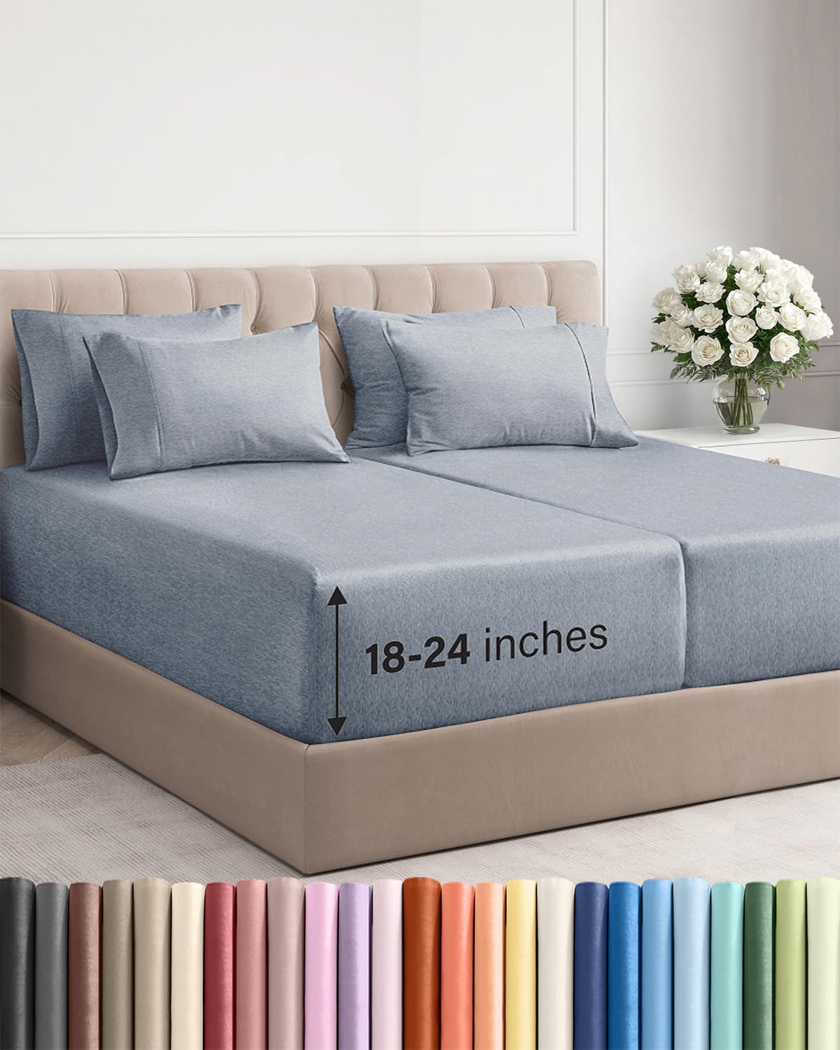 CGK Extra Deep Split King Sheet Set - 7pc Cooling Sheets - Heathered Blue