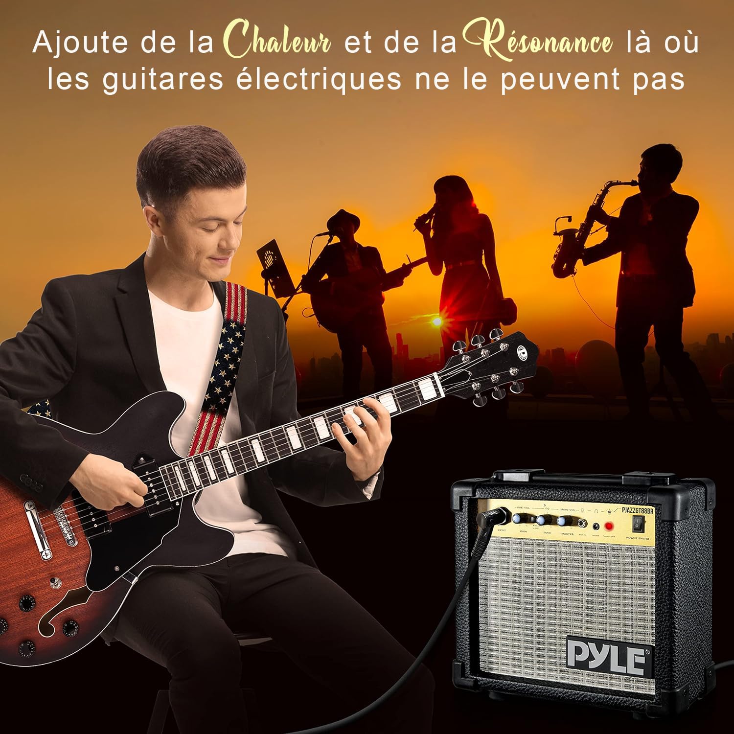 Pyle Guitare Electrique à Corps Semi-creux - Guitare- Kit Instrument Jazz Taille Complète de 106 cm avec Housse de Transport, Finition Mate et Sunburst