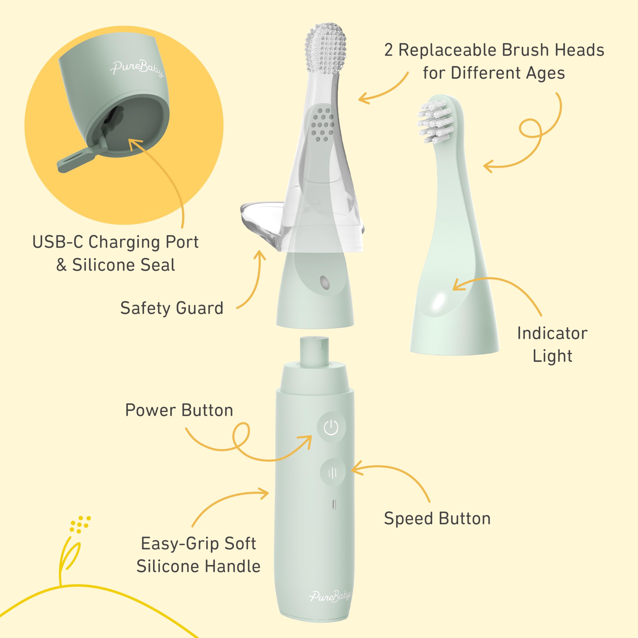 Pure Enrichment PureBaby - Spazzolino elettrico per neonati e bambini, impermeabile, con setole in silicone e setole in silicone, vibrazione sonora e timer, età 6-3 anni, colore: verde salvia
