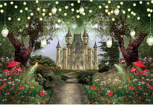 Renaiss Telón de fondo de vinilo de 5 x 3 pies, castillo medieval antiguo en el bosque de hadas, el país de las maravillas con luces brillantes,