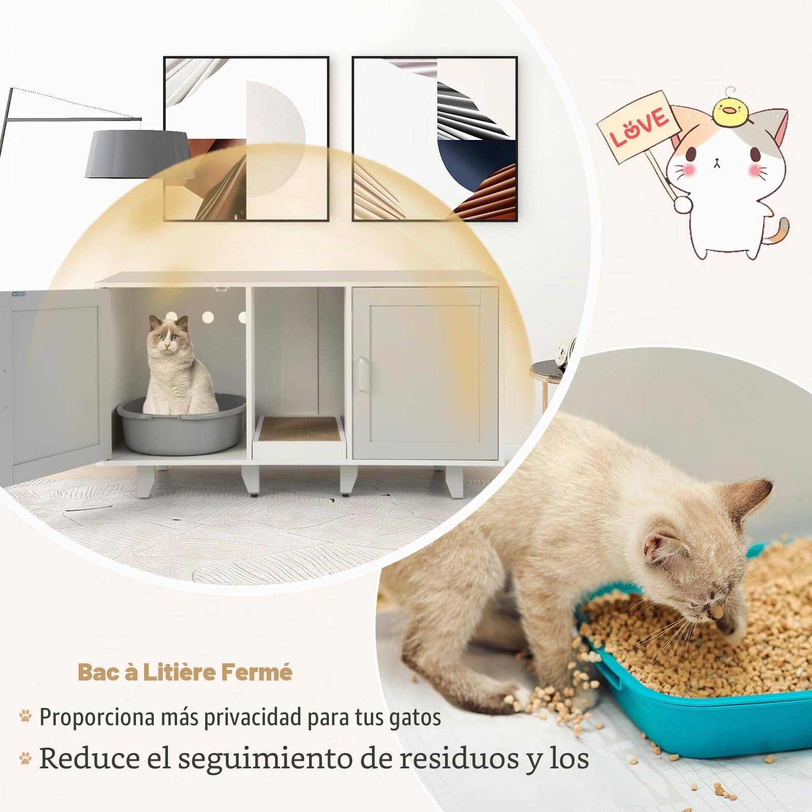 GOPLUS 3 en 1 Casa de Aseo para Gatos, Cajas de Arena para 2 Gatos, Arenero Cubierto con 2 Puertas con Patas Desmontables y Tabla de Garras Desmontable, Mesa Auxiliar para Mascotas 120 x 52 x 65 cm