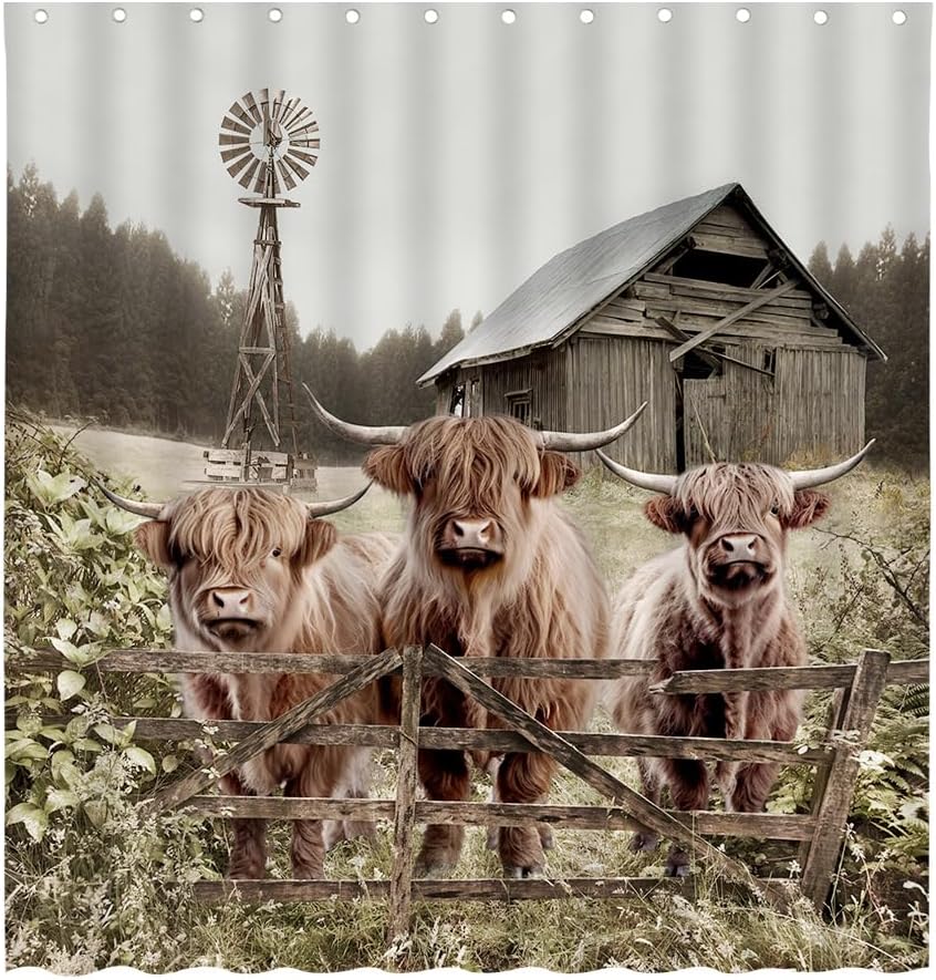 NYJSMYG Highland Cow Shower Curtains Three Brown Cattle Rustic Farmhouse Animal Farm