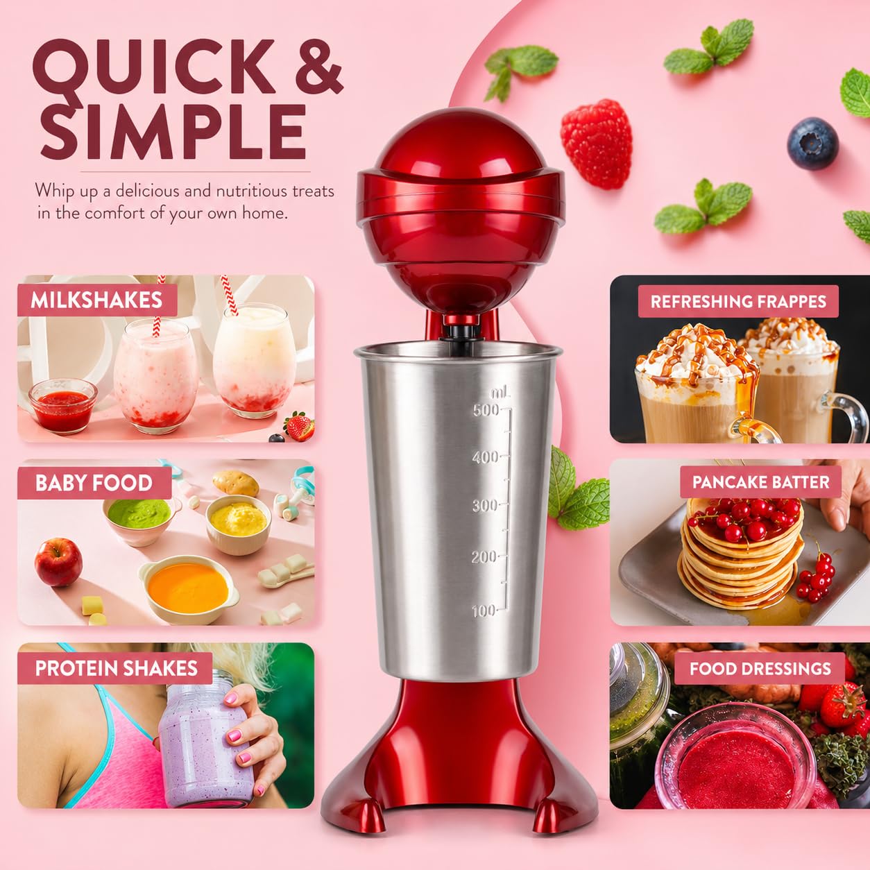 Retro Milkshake Maker kubek do mieszania ze stali nierdzewnej, 100 W, 500