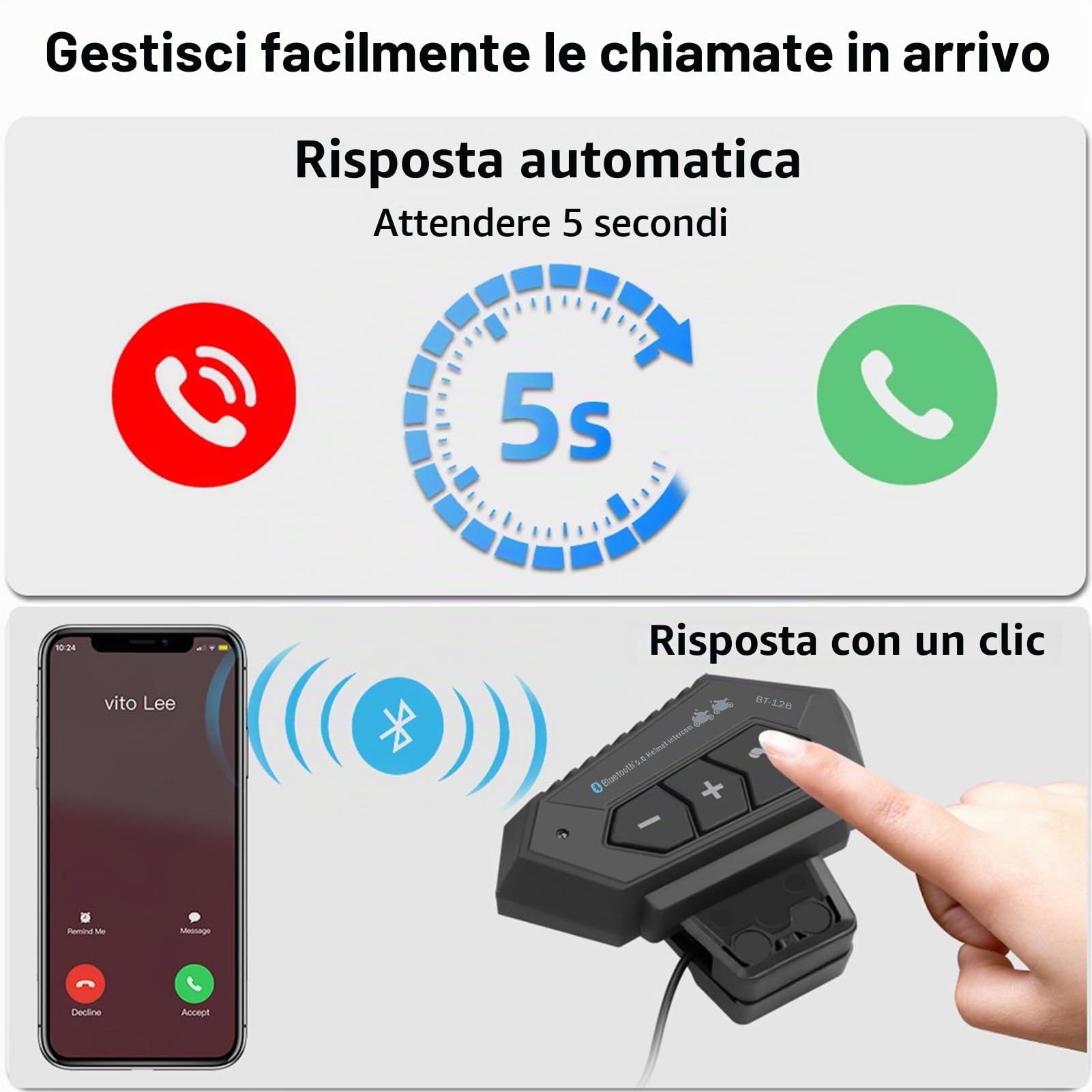 Interfono Moto, BT12B V5.0 Cuffie da Moto Bluetooth con Sistema di Comunicazione a Mani Libere e Funzione di Riduzione del Rumore, Auricolare Hi-Fi Offrono Prestazioni Audio di Alta Qualità