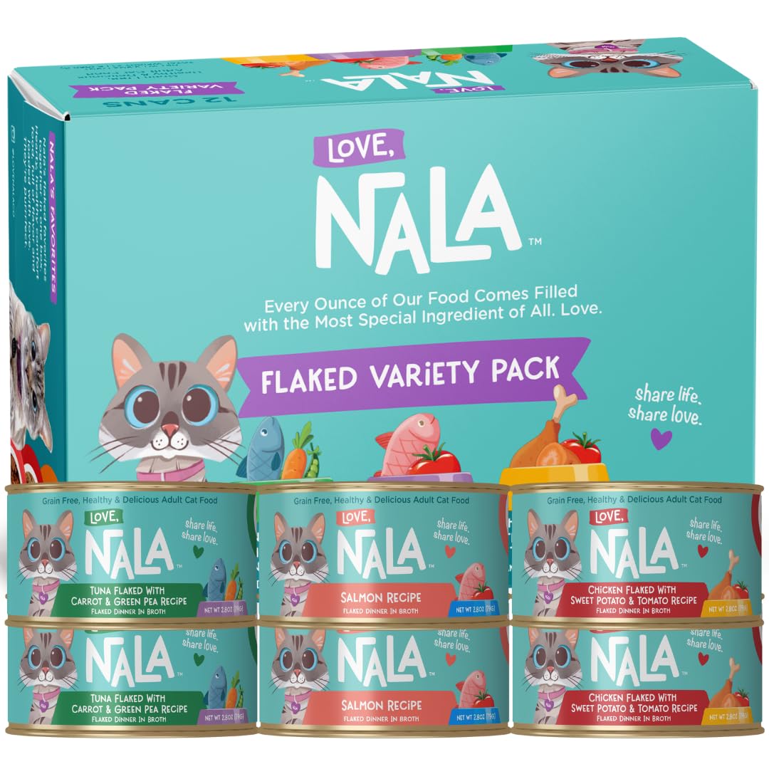 LOVE, NALA - Natural Adult Cat Wet Food - FLAKED Variety Pack - Salmon, Tuna, Chicken - Grain Free, Non-GMO, Lean Protein, Omega 3, Digestive Fiber Blend, Added Minerals & Vitamins - 12 Pack