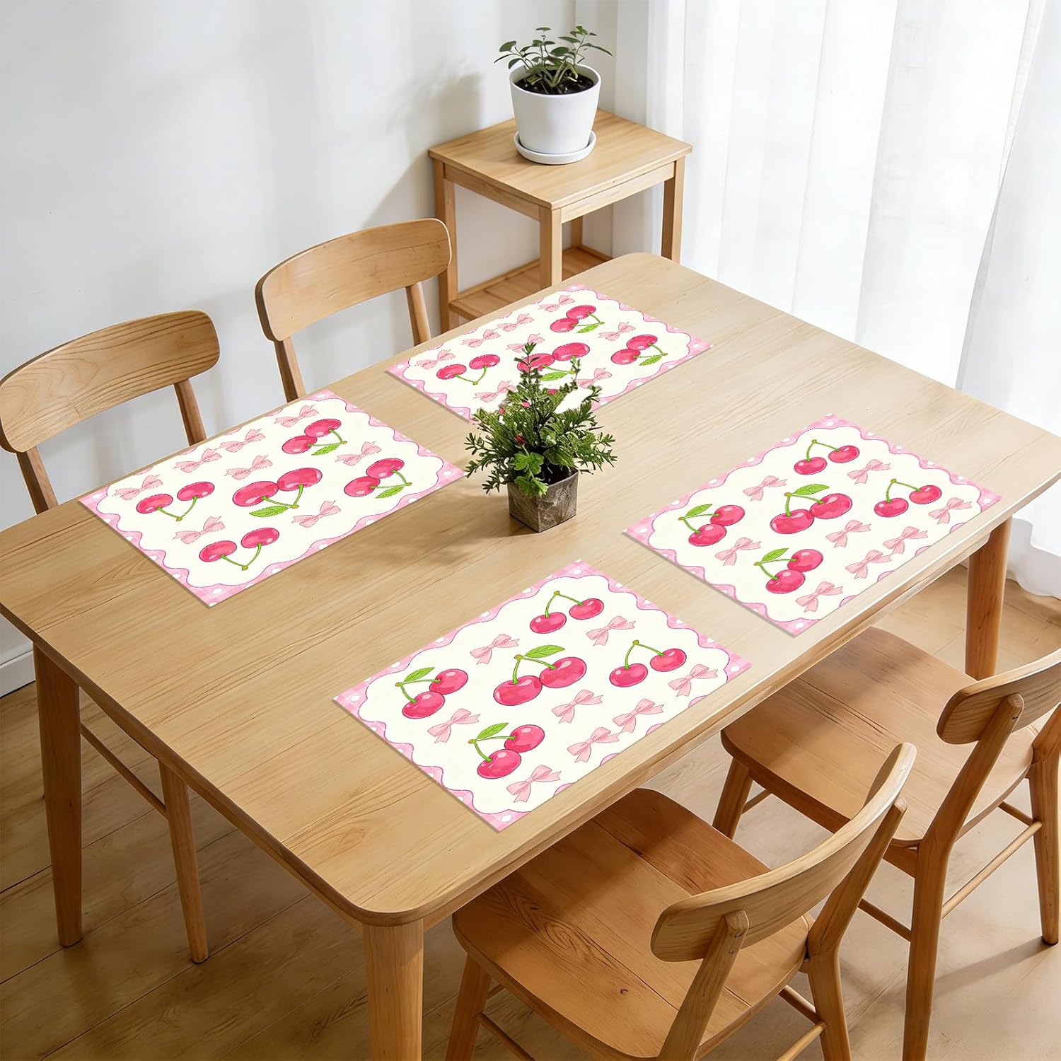 Nuxovilar Tablerunner and Placemats Set of 5 Pastel Pink Cherry Bow Print Linen Square Placemats Dining Sets and Accessories Table Decor Brunch, Tea Parties, Dining Tables