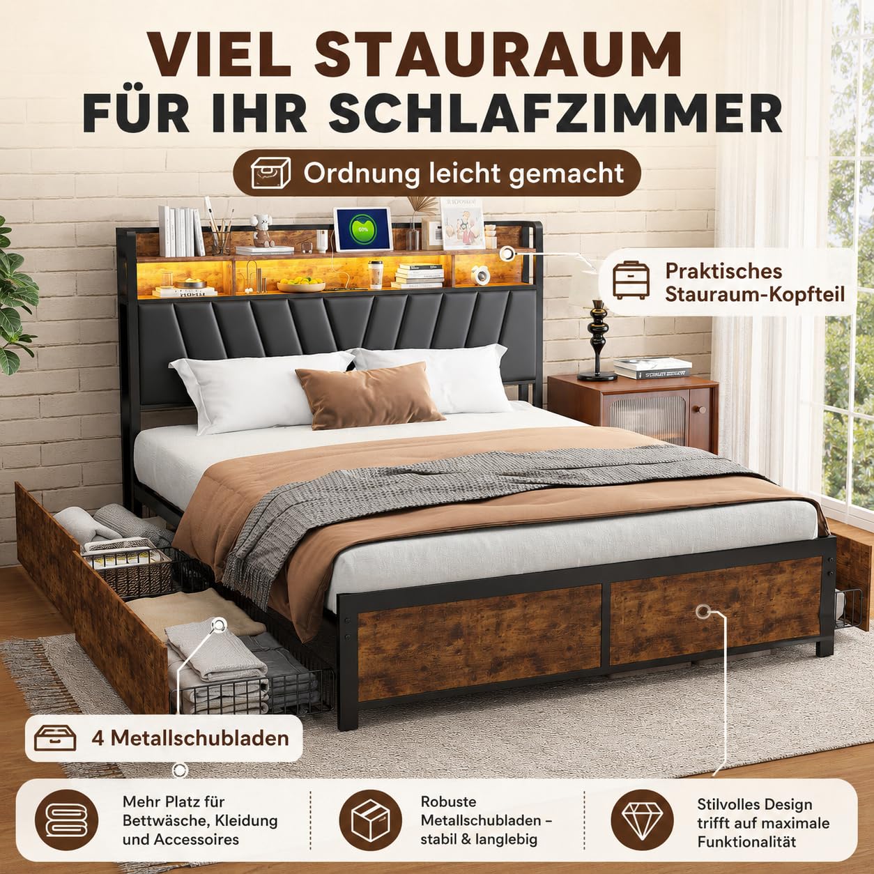 Doppelbett 180x200 cm Metall Holz 4 Schubladen App LED USB Steckdose Bett