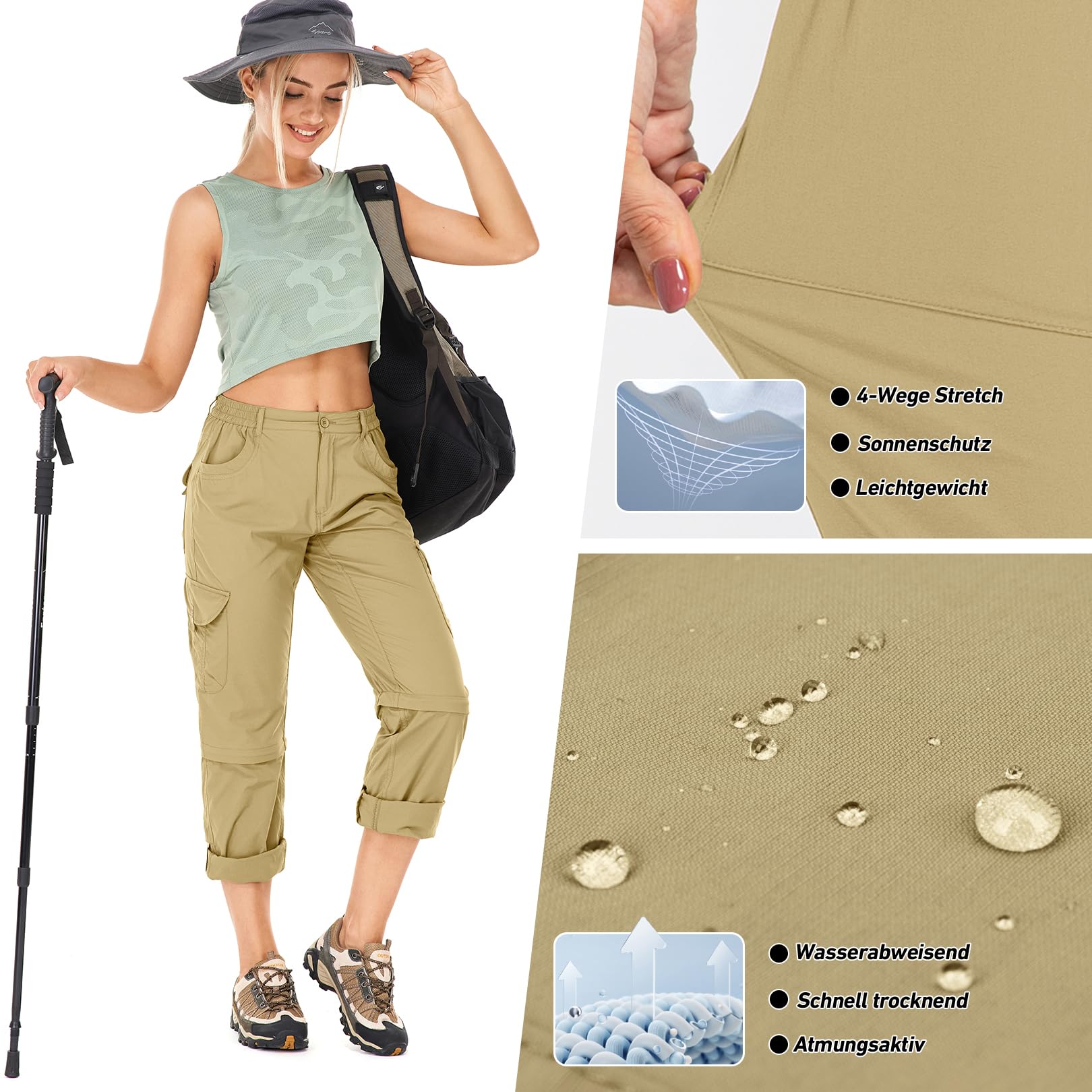Pantaloni da trekking da donna, con cerniera, traspiranti, da trekking, elasticizzati, rimovibili, per attività all'aria aperta, estivi, per escursioni
