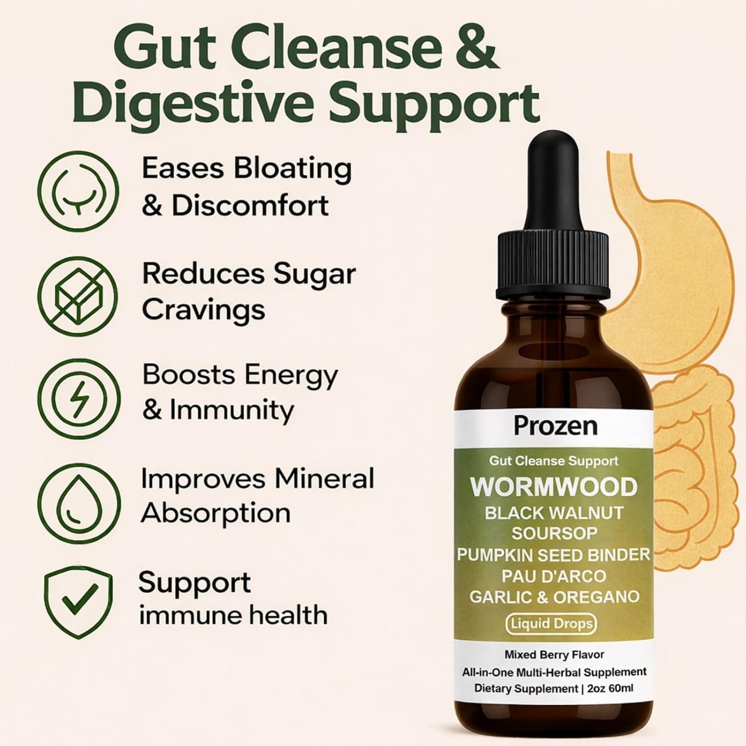 Prozen Wormwood Gut Cleanse Liquid Drops, Nuvian Wormwood Black Walnut Clove Gut Cleanser for Adults with Soursop, Pumpkin Seed, Pau D'Arco, Garlic Oregano, Boosts Energy, Health & Absorption,2Oz (1)